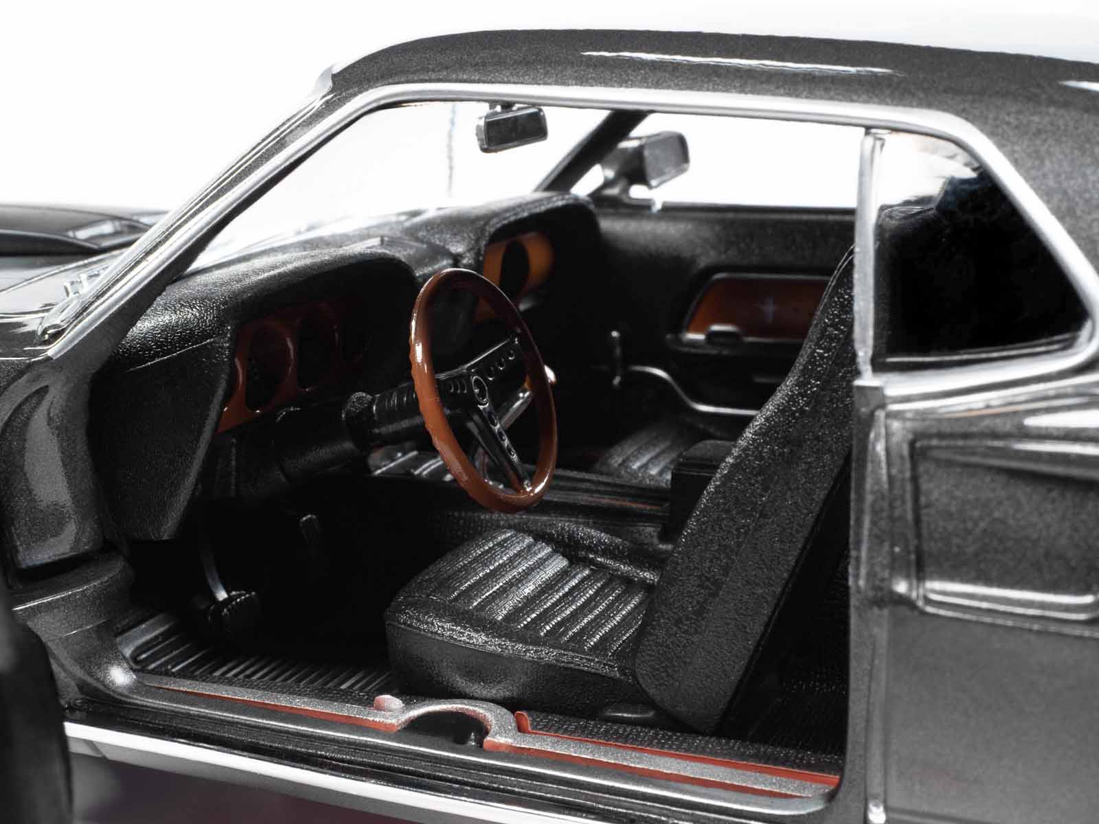 Left. Autoworld - 1969 Ford Mustang Dark Gray Metallic with Black Stripes "John Wick" (2014) Movie "Silver Screen Machines" Series 1/18 - Dark Gray Metallic and Black.