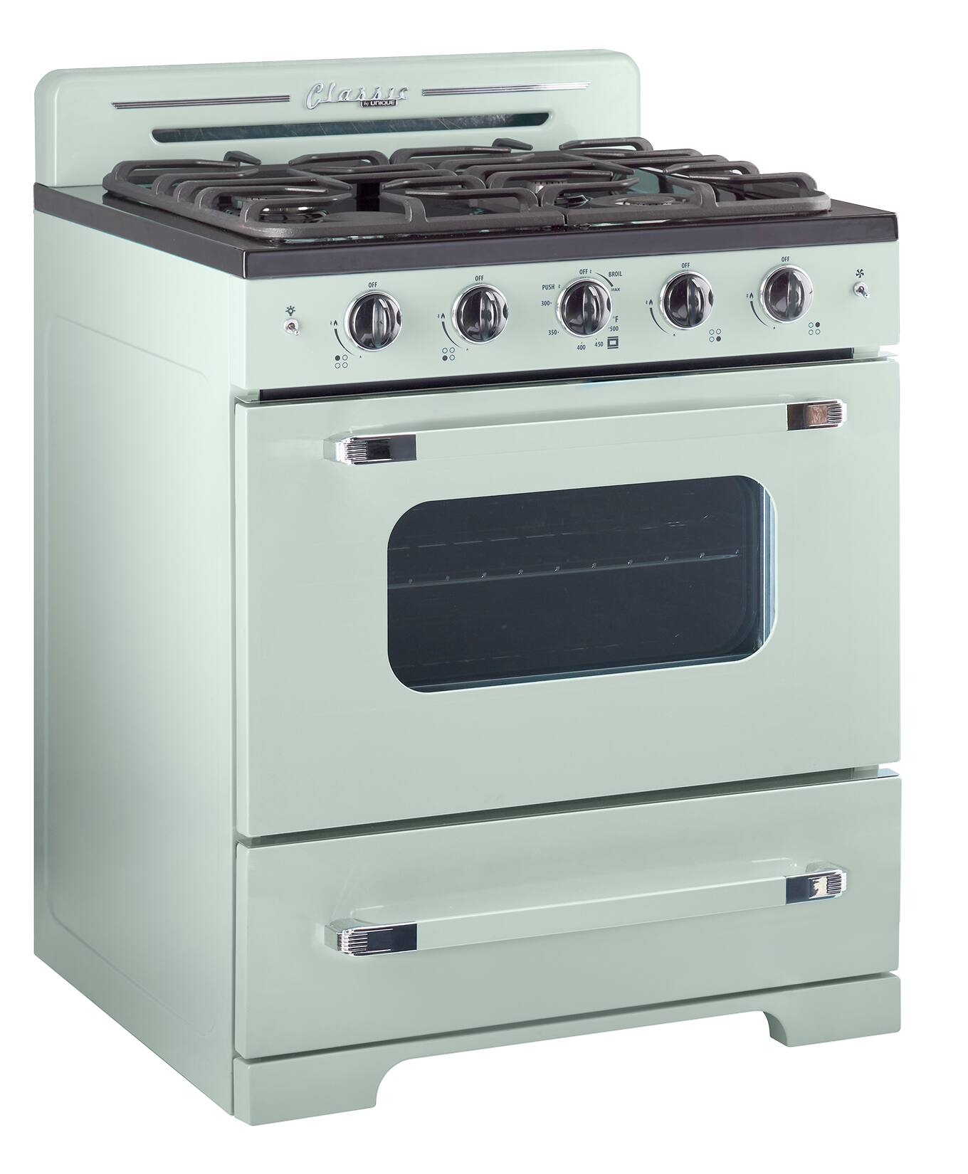 Angle. Unique Appliances - Classic Retro 3.9 Cu. Ft. Freestanding Gas Convection Range - Summer Mint Green.