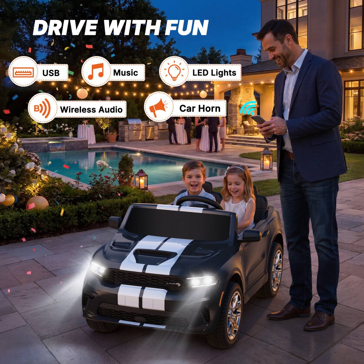 DRIVE WITH FUN

- USB
- Music
- LED Lights
- Wireless Audio
- Car Horn