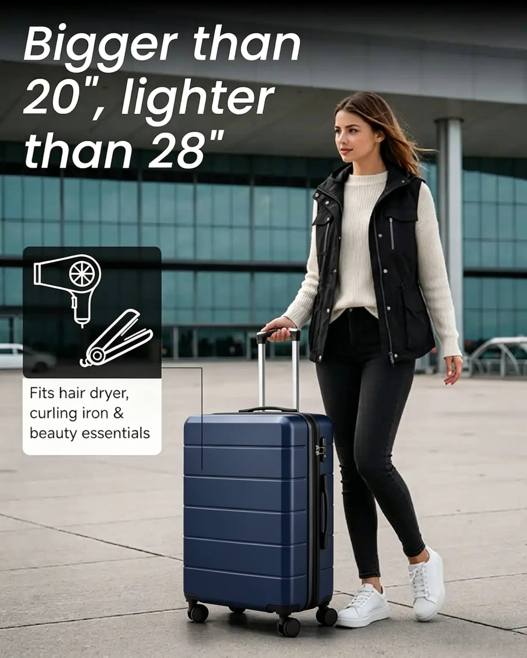 Bigger than 20", lighter than 28"

Fits hair dryer, curling iron & beauty essentials