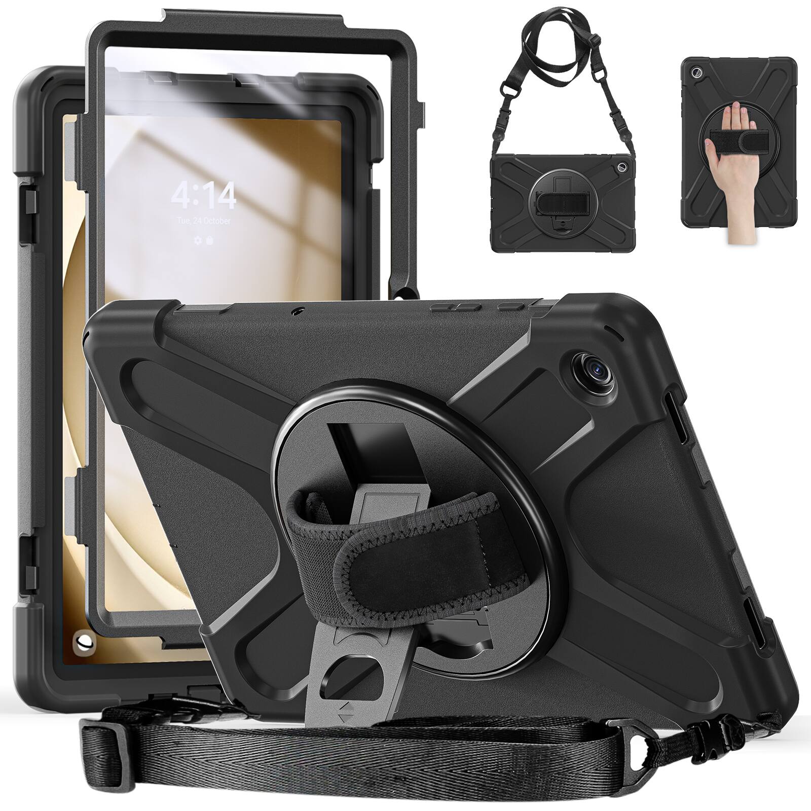 Dteck - Rugged Case for Samsung Galaxy Tab A9+ 11" with Screen Protector, Hand Strap Rotate Stand, Shoulder Strap - Black