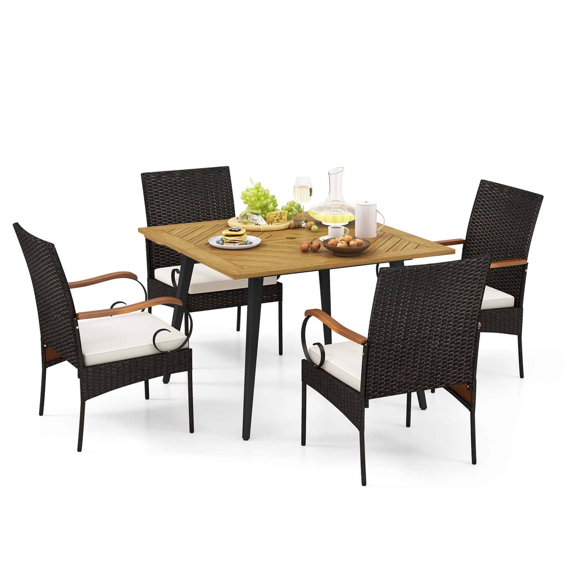 Alt View 2. Costway - 5 PCS Patio PE Wicker Dining Set Table and Chairs with Cushions 1.9" Umbrella Hole - Mix Brown + Off White.