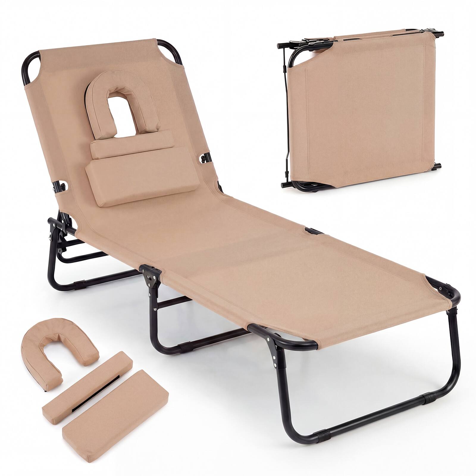 Alt View 9. Gymax - Gymax 2PCS Folding Beach Sun Lounger w/Face Hole Removable Pillows 4-Position Backrest Sand - Beige.