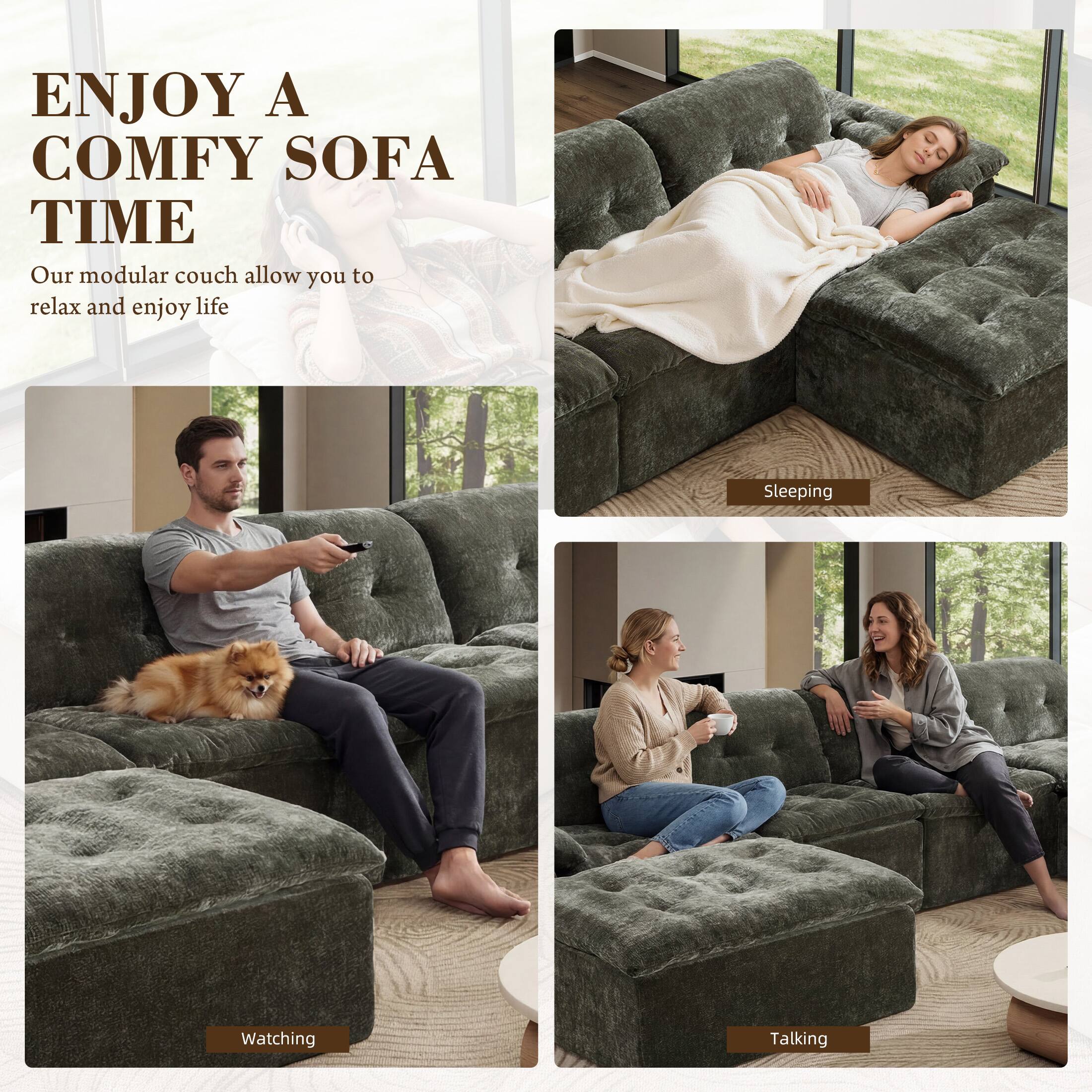 ENJOY A COMFY SOFA TIME

Our modular couch allows you to relax and enjoy life

- Sleeping
- Watching
- Talking