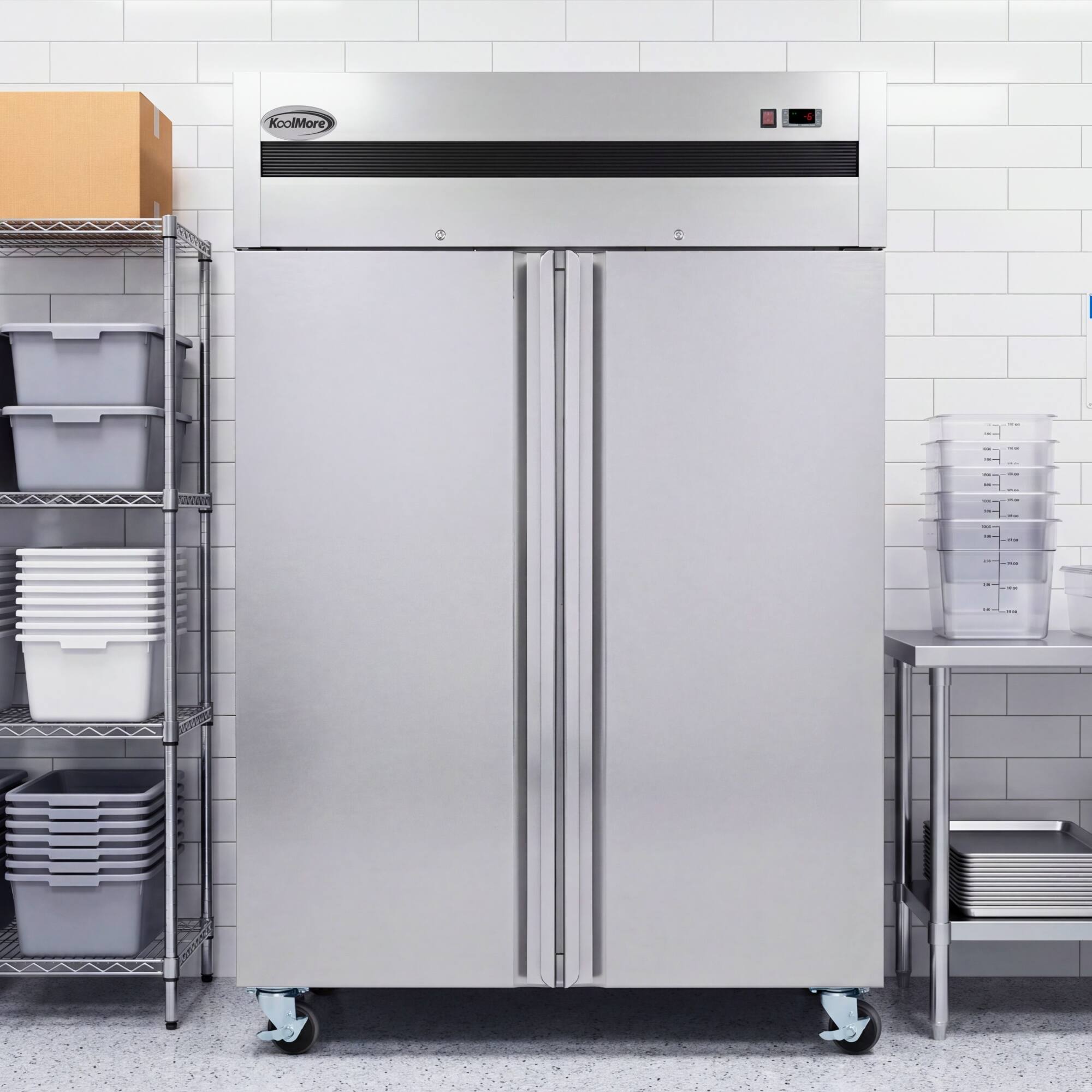 Left. Koolmore - 54 in. Two-Door Commercial Reach-In Freezer with Top-Mounted Compressor, 49 cu. ft. in Stainless-Steel - Stainless steel.