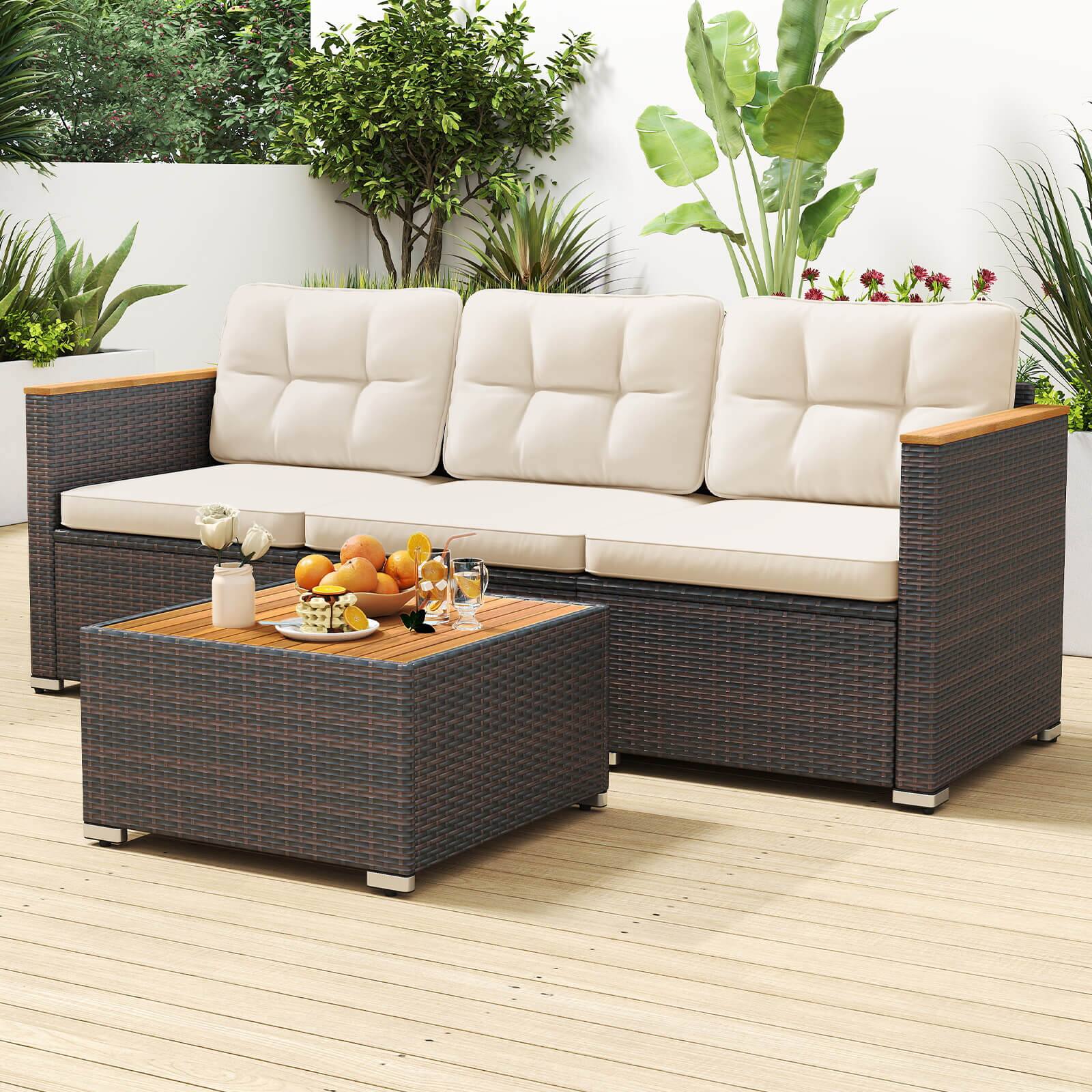 Alt View 4. Costway - Costway 3-Seat Patio Couch Sofa PE Rattan Wicker Outdoor Loveseat Furniture Set - Off-White.