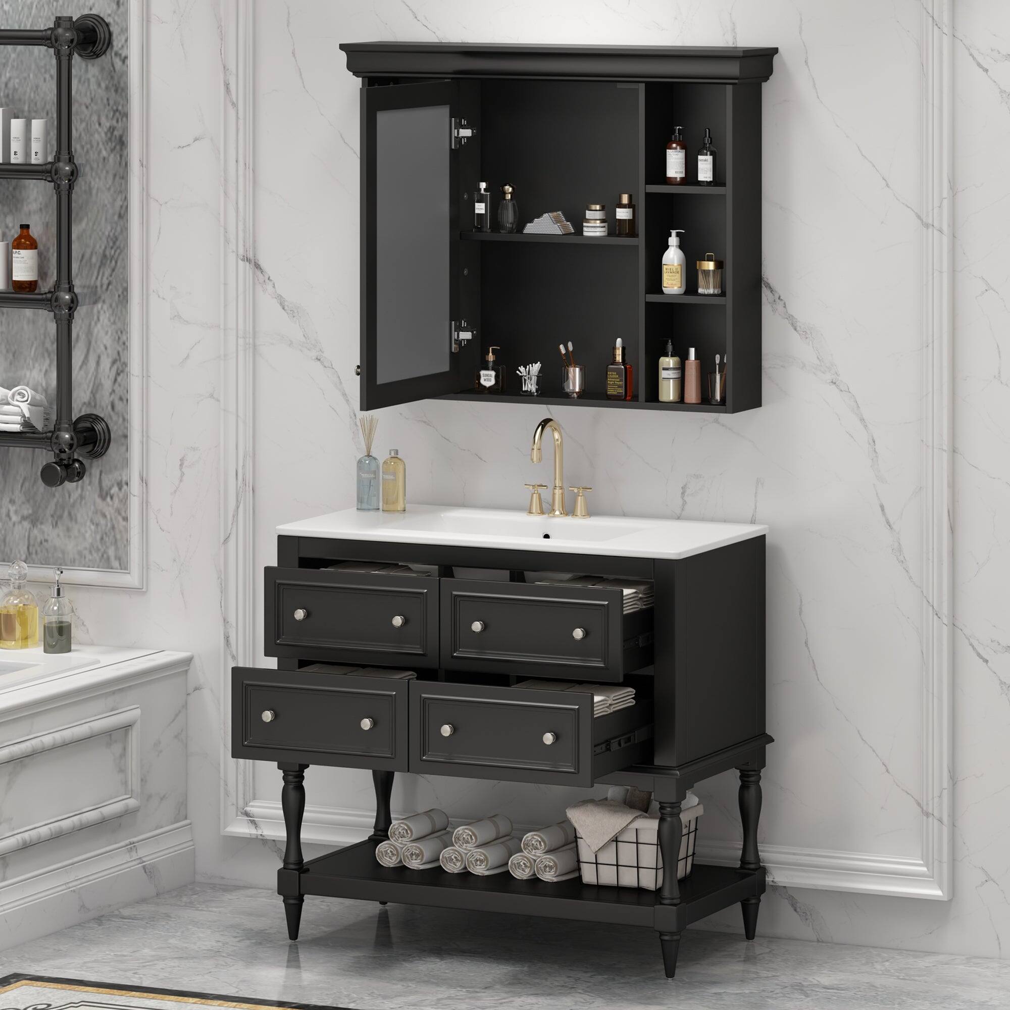 Alt View 2. Boyel Living - 36 Inch Bathroom Vanity Set with Medicine Cabinet Ceramic Sink Black - Black.
