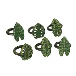 Zeckos - Set of 6 Bronze Cast Iron Tropical Leaf Napkin Rings Dining Decor - Green