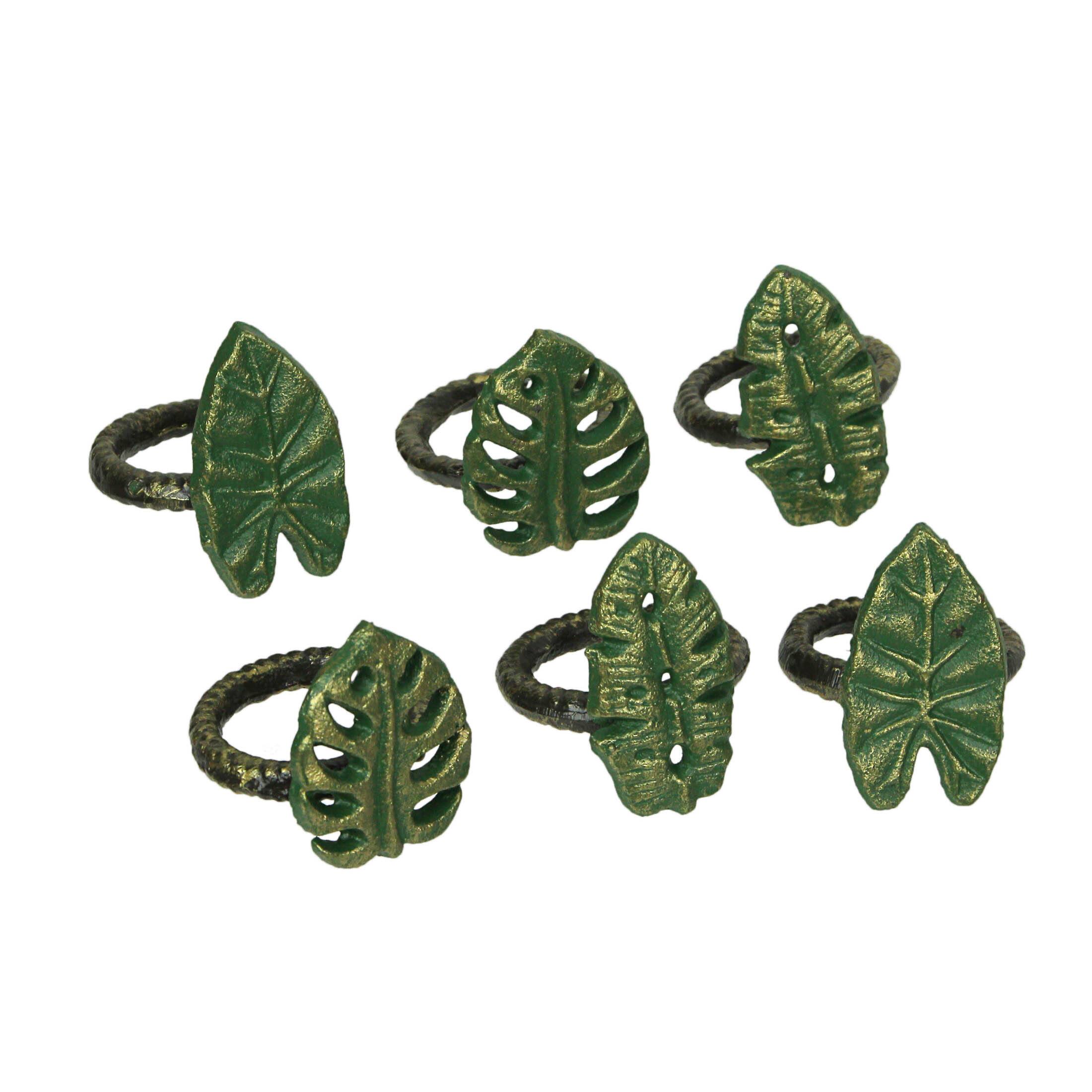 Front. Zeckos - Set of 6 Green Bronze Cast Iron Tropical Leaf Napkin Rings Dining Decor - Green.