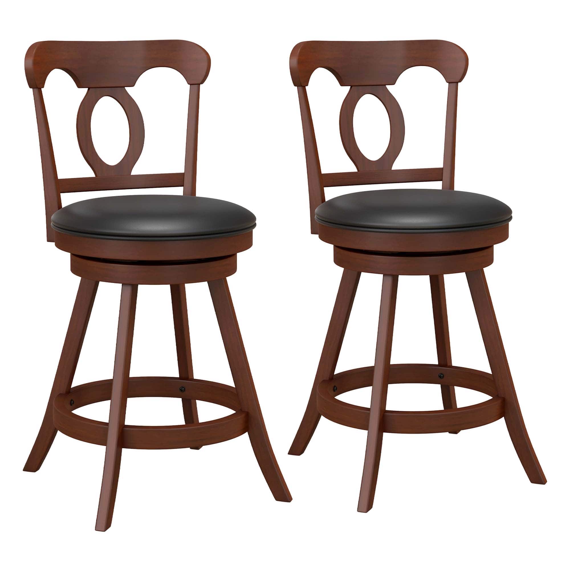 Front. Costway - Set of 2 Wooden Bar Stools 24" Swivel Counter Height Chairs with Footrest for Kitchen - Espresso + Black.