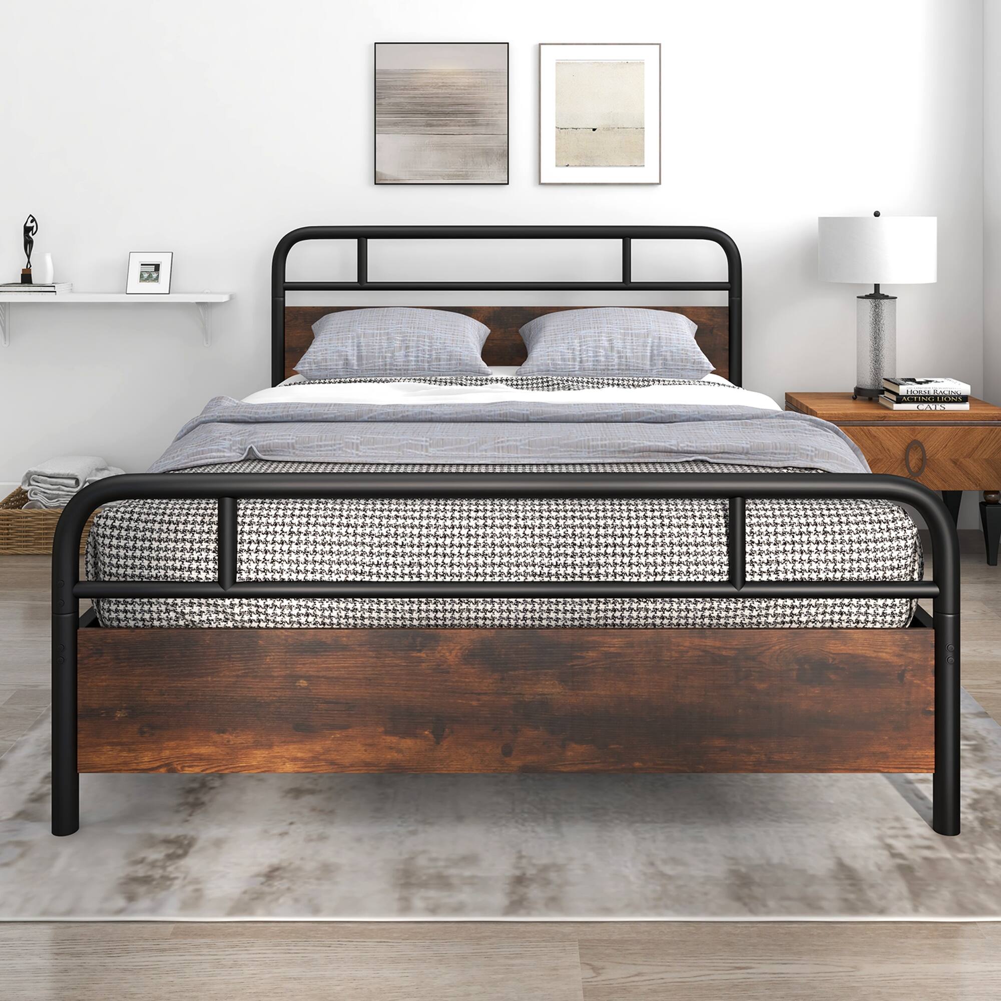 Alt View 3. Costway - Costway Queen Size Metal Platform Bed Frame Industrial Headboard Mattress Foundation - Black,Rustic Brown.