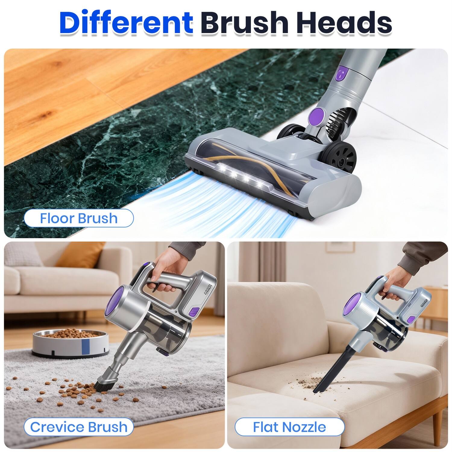 Different Brush Heads

- Floor Brush
- Crevice Brush
- Flat Nozzle
