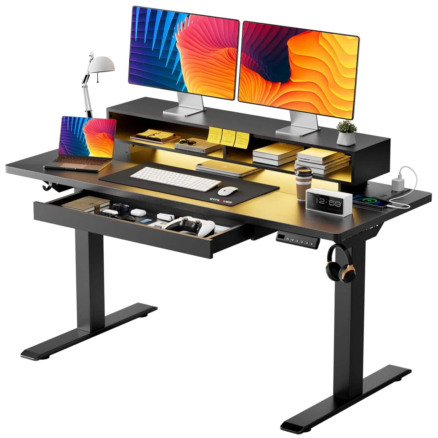 Zell Electronics - 48 Inchx24 Inch White Electric DeskAdjustable Height Gaming Table with Monitor Stand & LED Lights - Black