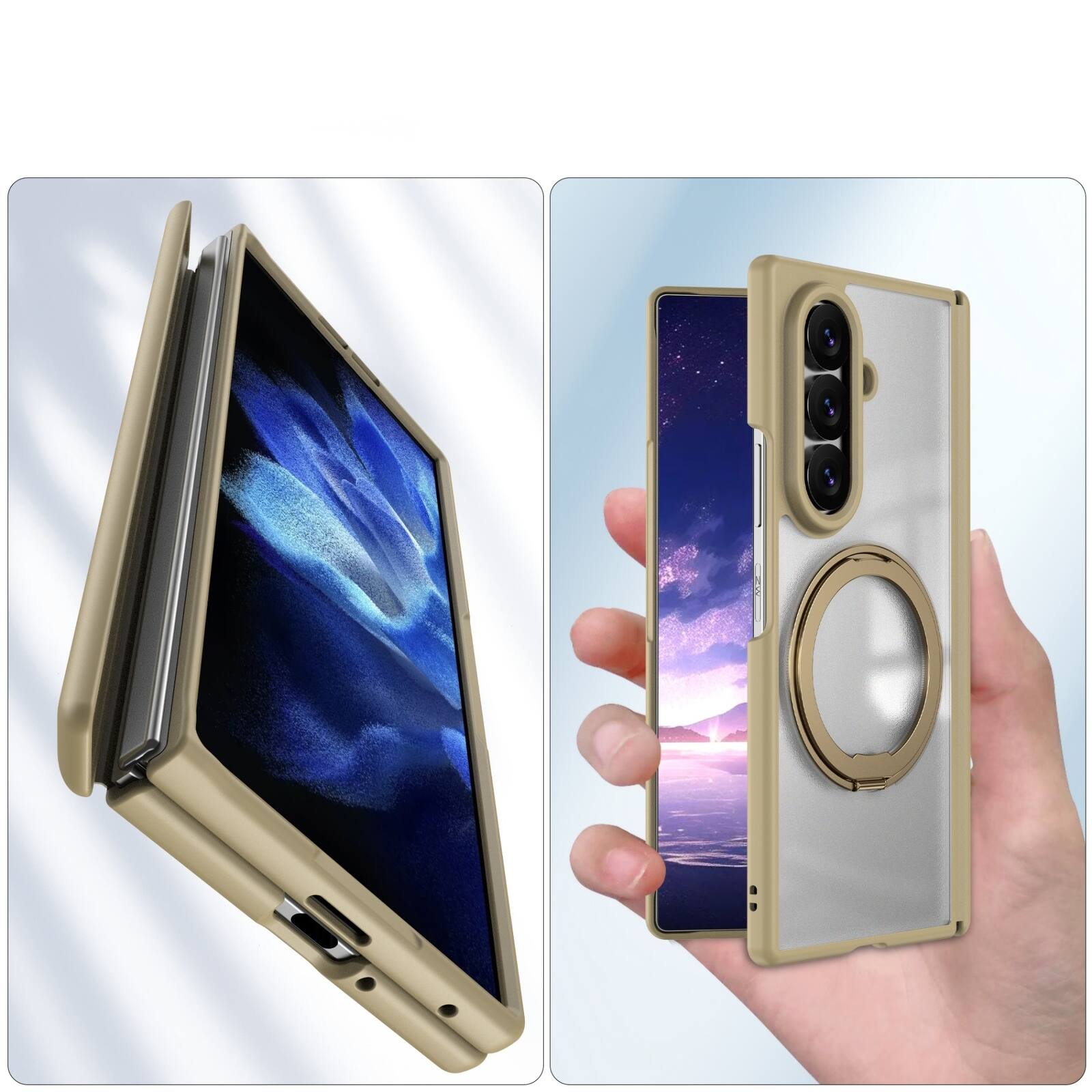 Left. Dteck - Shockproof Case for Samsung Galaxy Z Fold8 Ultra with Stand, Magnetic PC Cover Built in Screen Film and Hinge Protection - Gold.