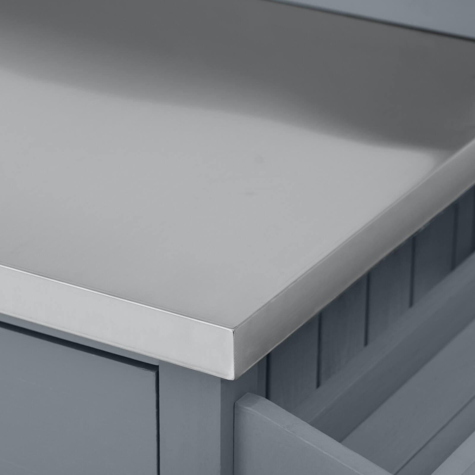 Alt View 3. Chateau Abodes - 54.1" Outdoor Kitchen Island with High Shelf, Stainless Steel Top & Storage Cabinet & Lockable Wheels - Grey Blue.