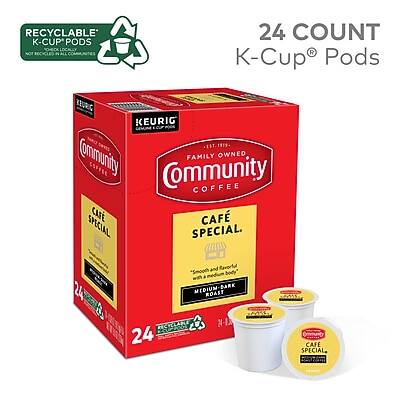 RECYCLABLE K-CUP PODS  
CHECK LOCALLY FOR RECYCLING OPTIONS  

24 COUNT  
K-Cup® Pods  

KEURIG® 1911  

FAMILY OWNED  
COMMUNITY COFFEE  

CAFÉ SPECIAL  
Smooth and flavorful  
MEDIUM-DARK ROAST  

24 K-CUP PODS
