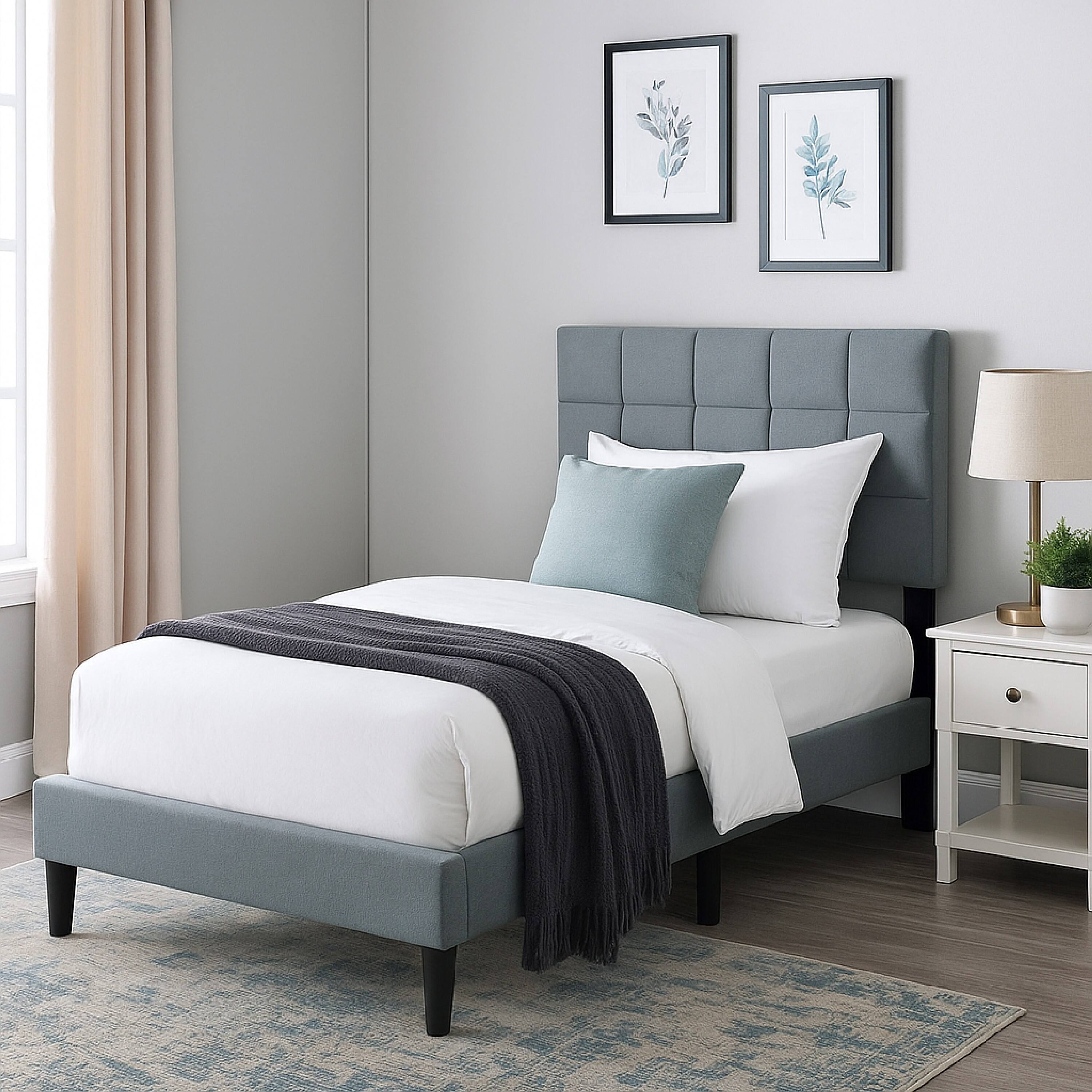 Alt View 5. Manhattan Lane - Lilian Twin Bed, Tufted Gray Linen Upholstery, Biscuit Tufted Stitch - Gray, Black.