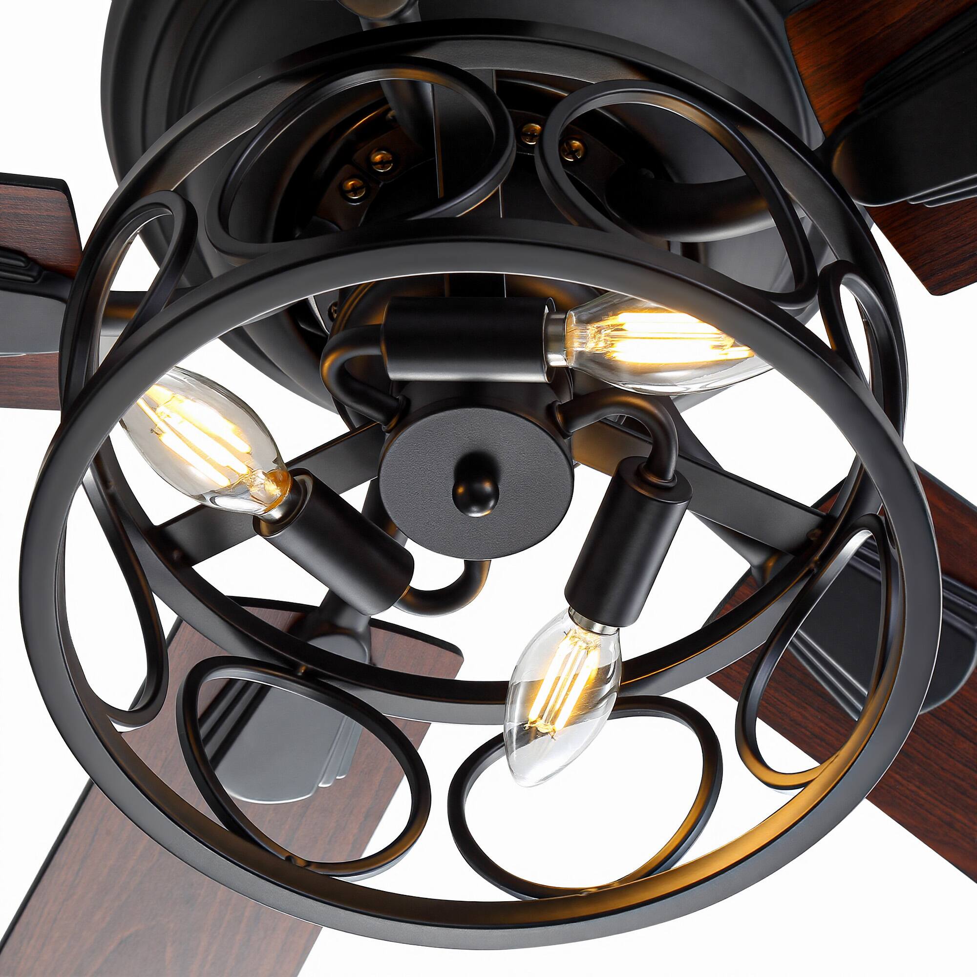 Alt View 10. Breezary - 52 Inch Surface Mounted Ceiling Fan with Caged Light, E12 Bulbs, DC Motor, 6-Speed Remote, Timer - Black & Walnut.