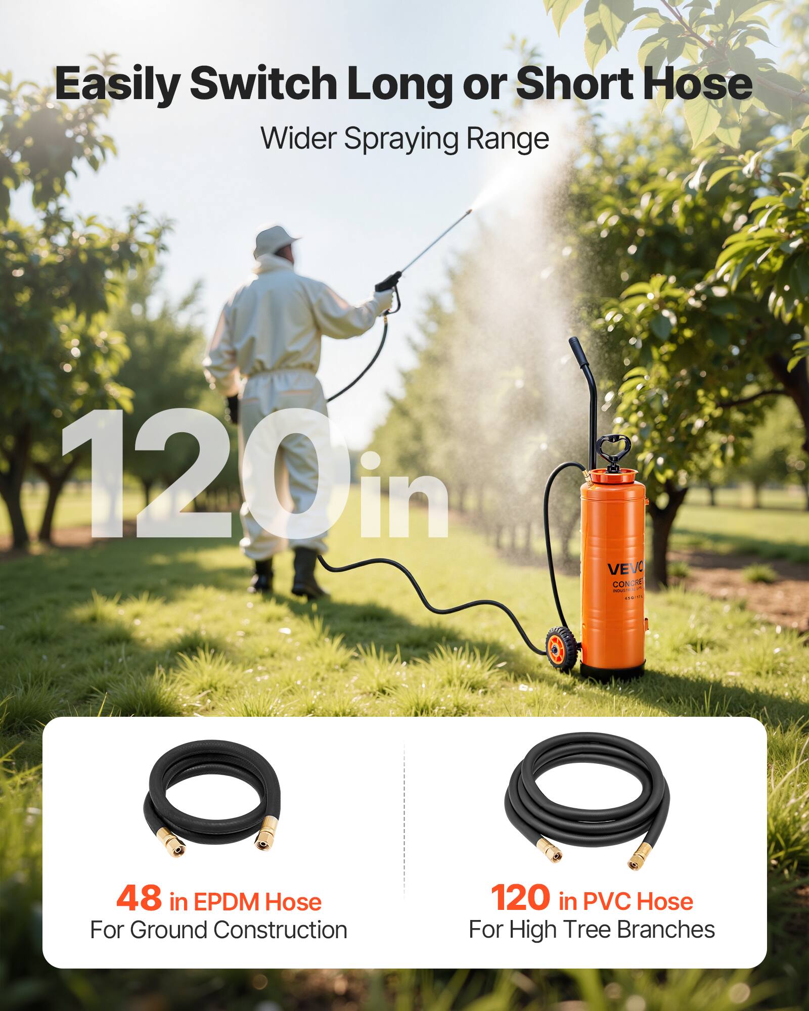 Easily Switch Long or Short Hose  
Wider Spraying Range  
120 in  
48 in EPDM Hose For Ground Construction  
120 in PVC Hose For High Tree Branches