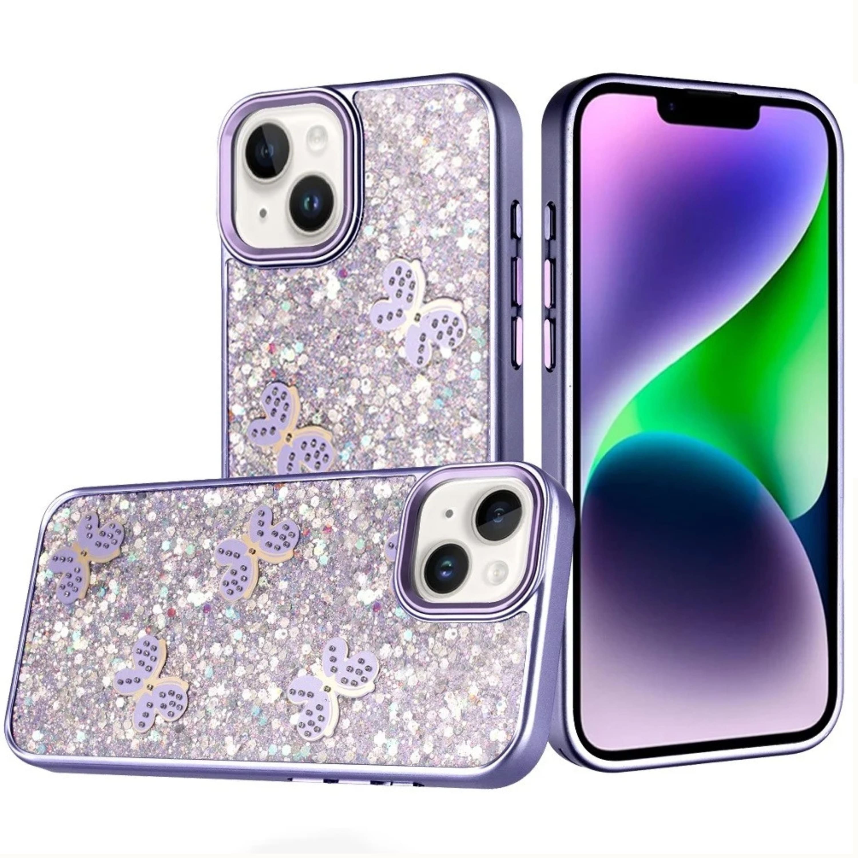 Kitcheniva - Cute Butterfly Glitter Protective Cover With Tempered Glass For iPhone 13 14 - Dark Purple price history on PriceWatchPro