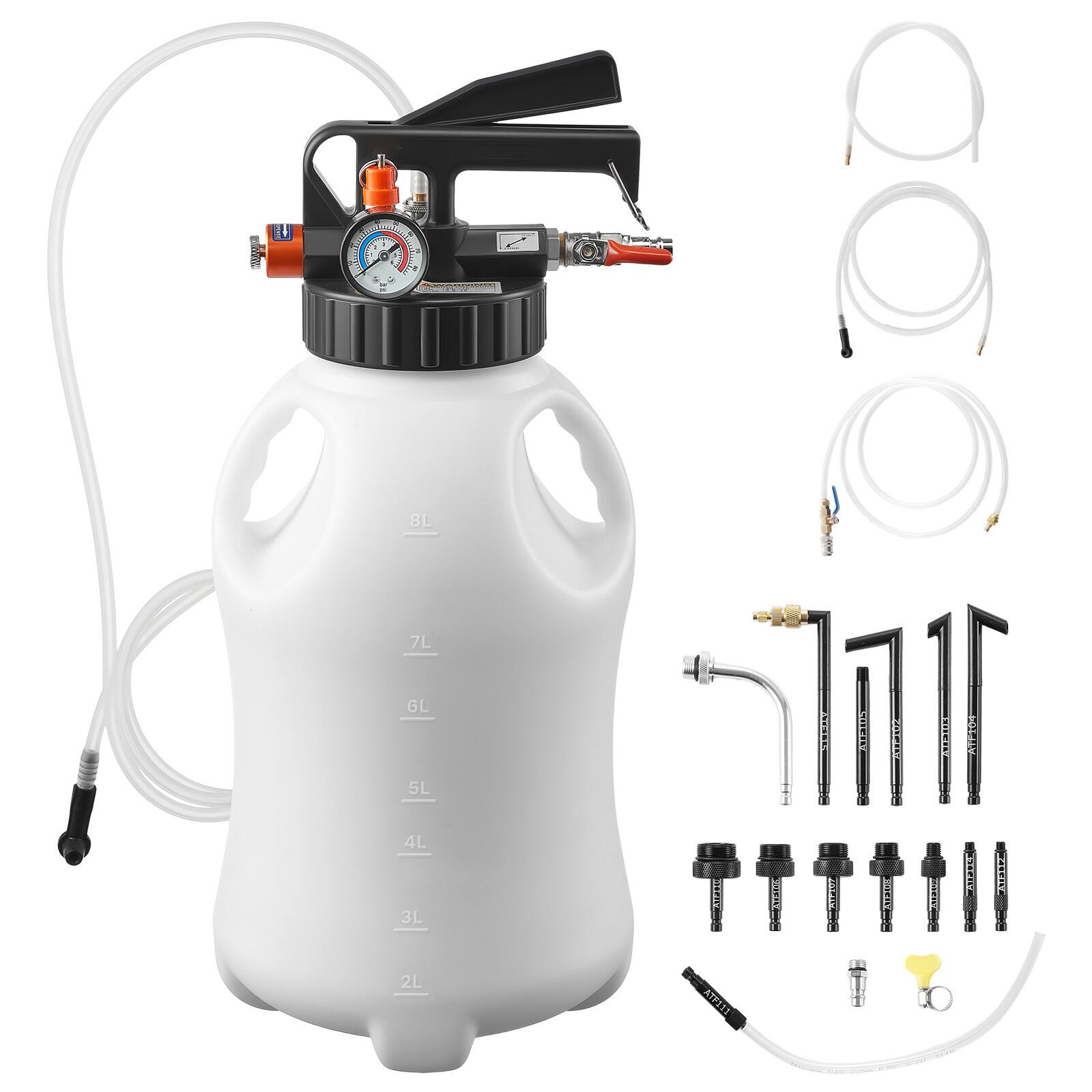 VEVOR - Transmission Fluid Pump, 8 L Pneumatic Oil Fluid Extractor, ATF Refill Dispenser Transfer Pump with 15 ATF Adapters - White + Black