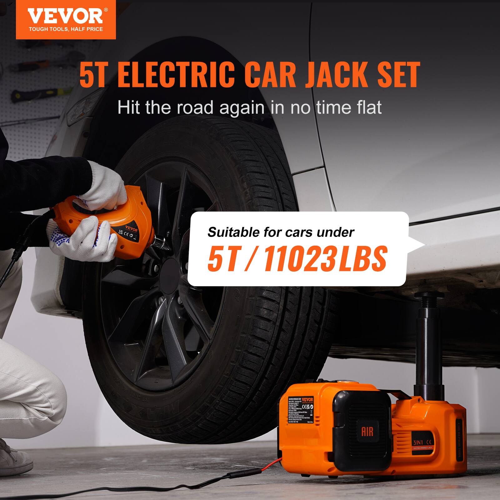 VEVOR TOUGH TOOLS. HALF PRICE 5T ELECTRIC CAR JACK SET  
Hit the road again in no time flat  
VEVOR  
Suitable for cars under 5T/11023LBS