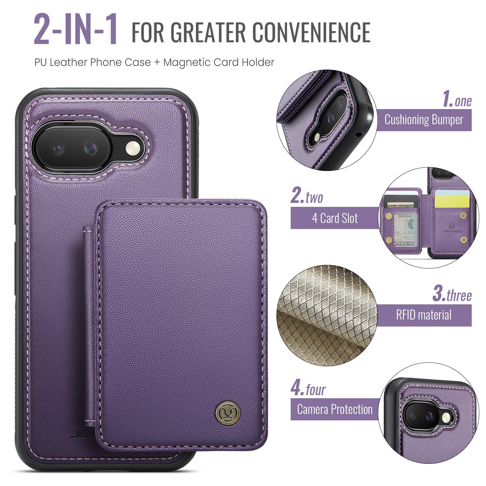 2-IN-1 FOR GREATER CONVENIENCE  
PU Leather Phone Case + Magnetic Card Holder  

1. one  
Cushioning Bumper  

2. two  
4 Card Slot  

3. three  
RFID material  

4. four  
Camera Protection