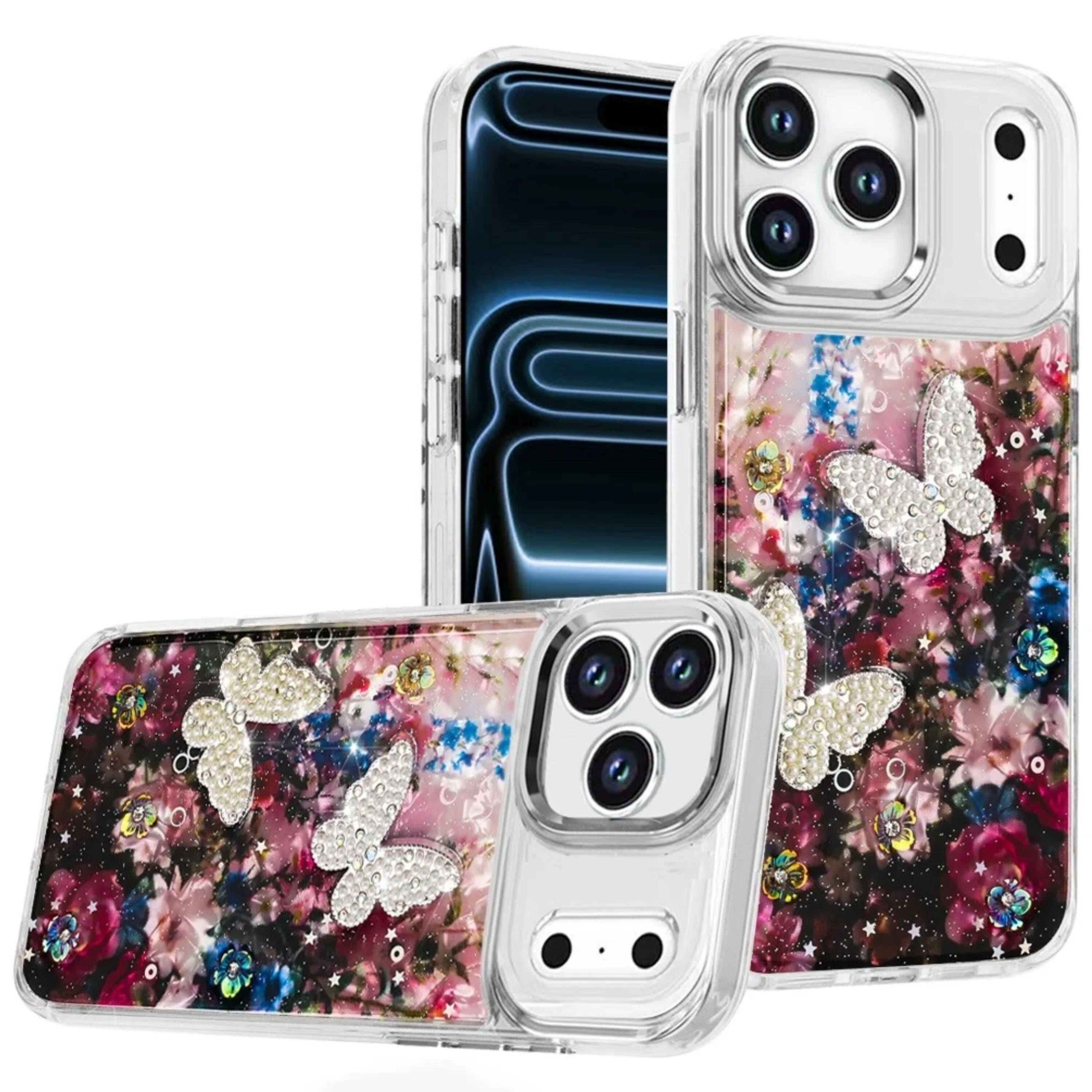 Front. Kitcheniva - Elegant Epoxy Glitter Butterfly Case With Tempered Glass For iPhone 17 Pro Purple - Purple.