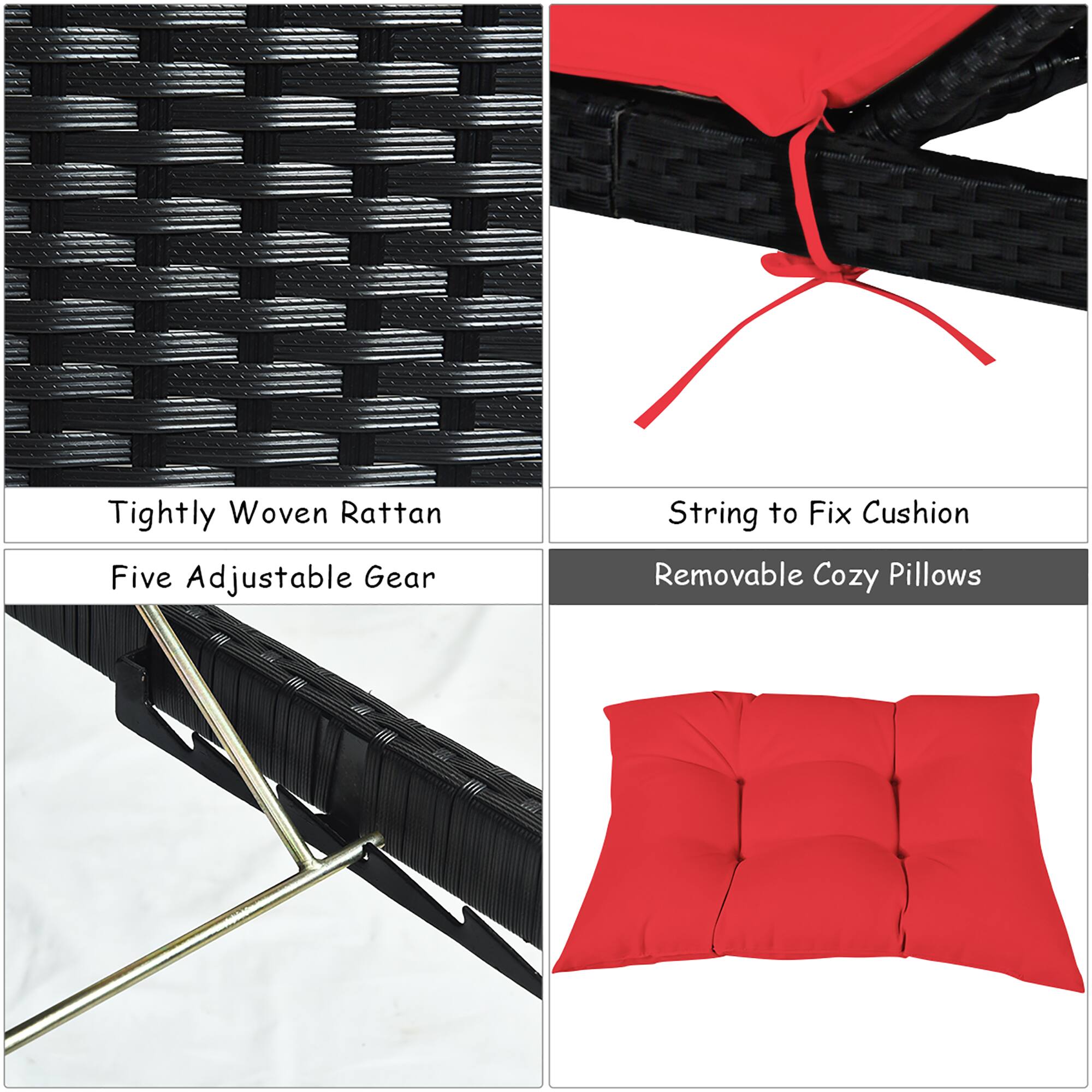 Tightly Woven Rattan, String to Fix Cushion, Five Adjustable Gear, Removable Cozy Pillows