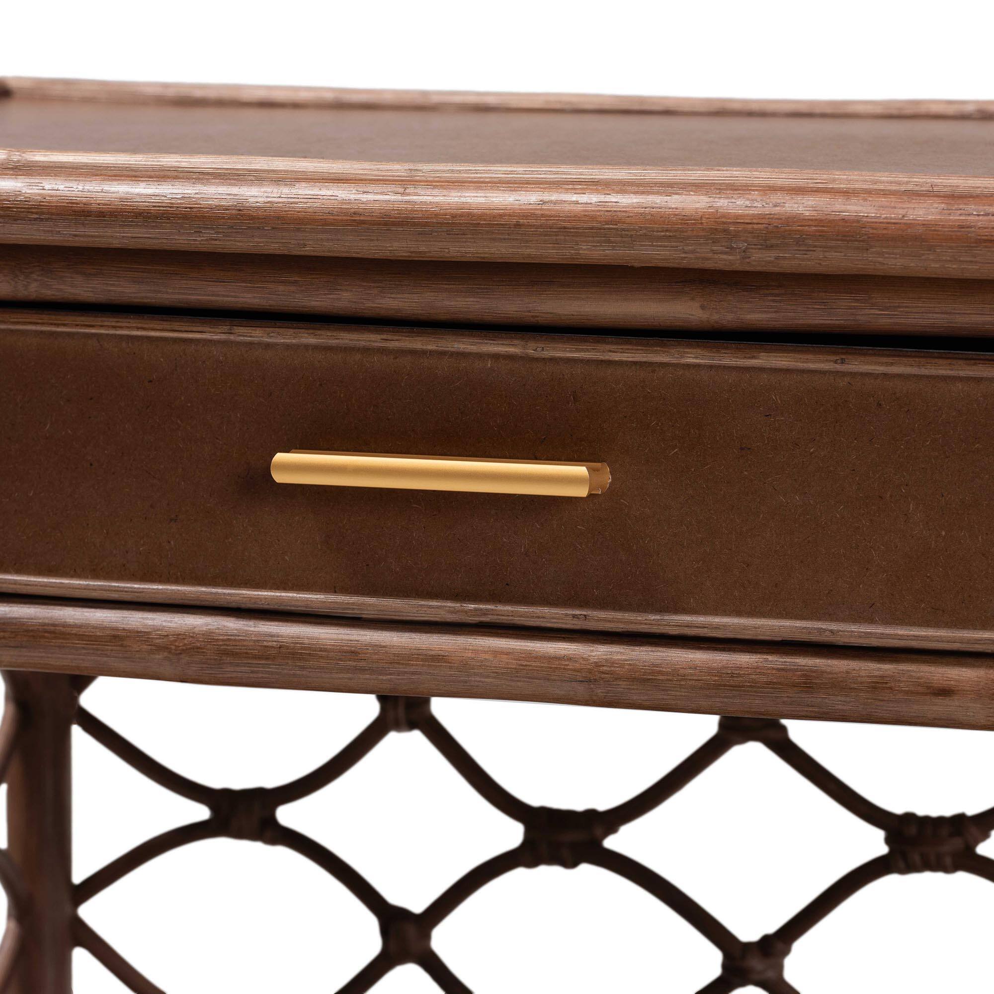 Alt View 2. bali & pari - Akane Natural Rattan Nightstand with Drawer and Open Shelves – Coastal Bedside Table with Lattice Design, Brown - Antique Brown.