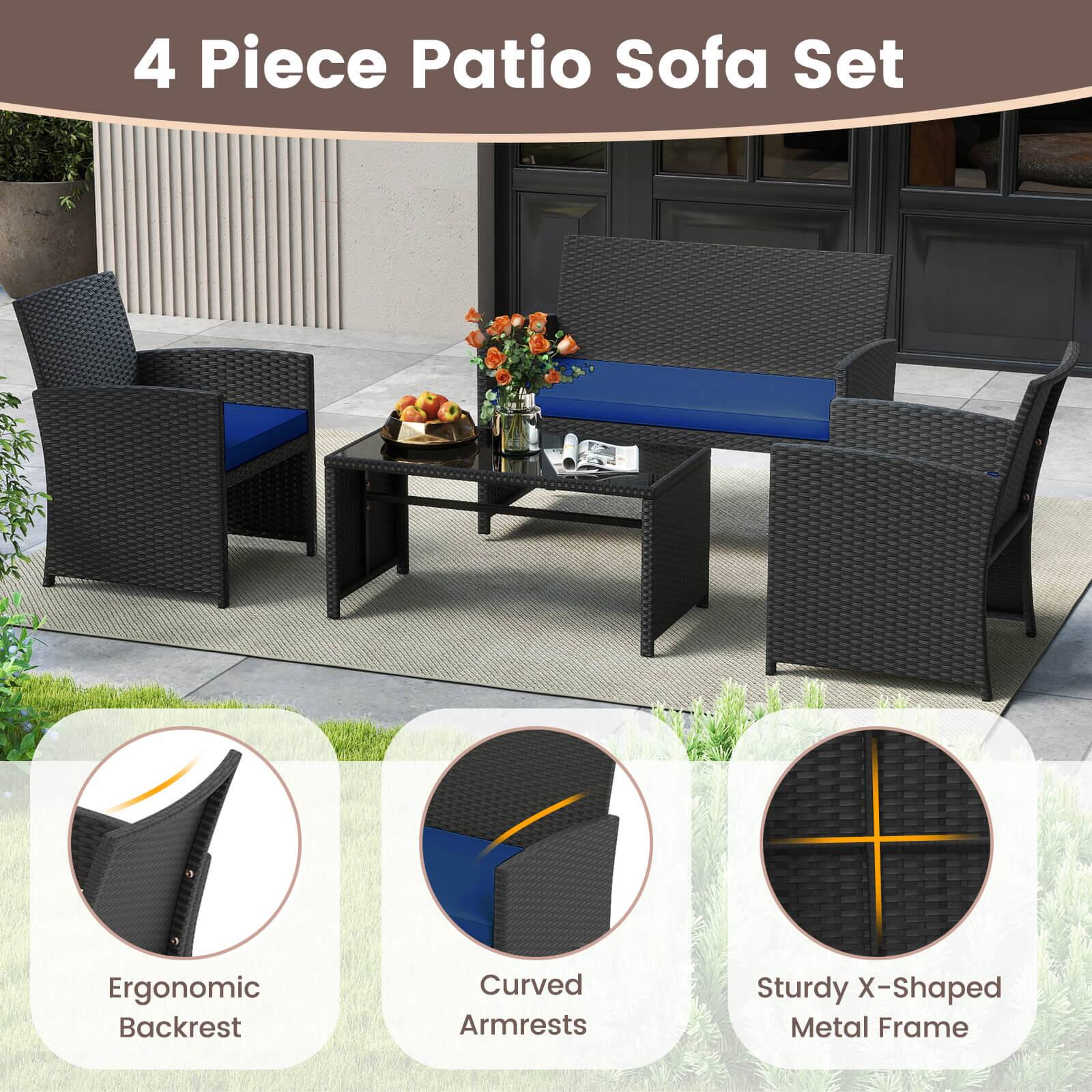 Alt View 9. Costway - Costway 8 PCS Patio Conversation Set with Seat Cushions & Tempered Glass Tabletop, Porch - Navy+Black.