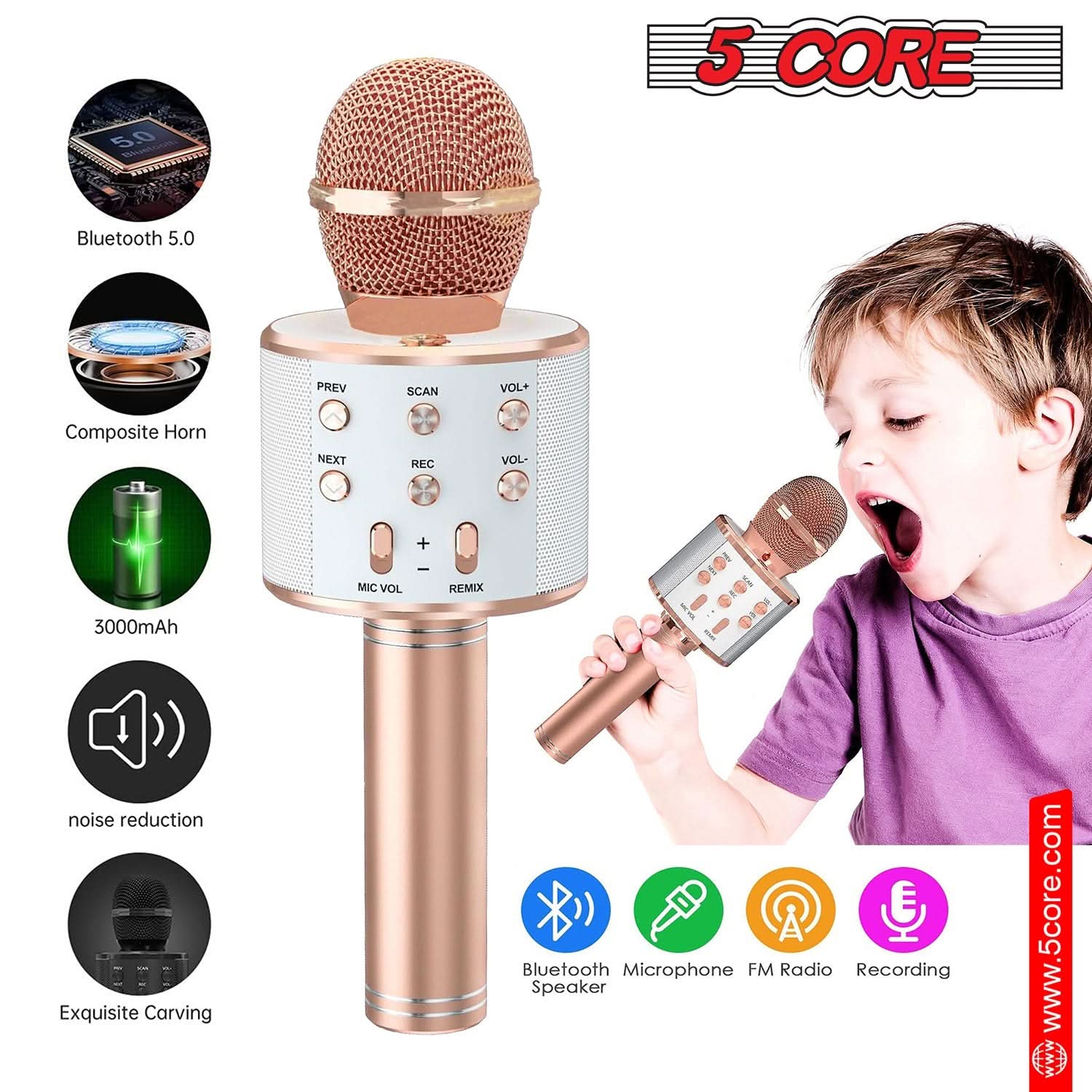5.0 CORE Bluetooth 5.0 PREV SCAN VOL+ Composite Horn NEXT REC VOL- MIC VOL REMIX 3000mAh noise reduction Exquisite Carving Bluetooth Microphone FM Radio Recording Speaker www.5core.com