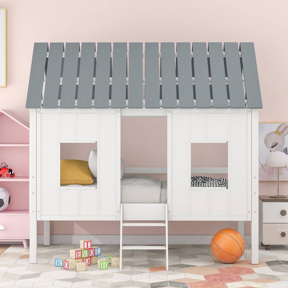 Angle. Loheer - Loheer Twin House Bed Low Loft Kids Playhouse Bed with Roof White - White.