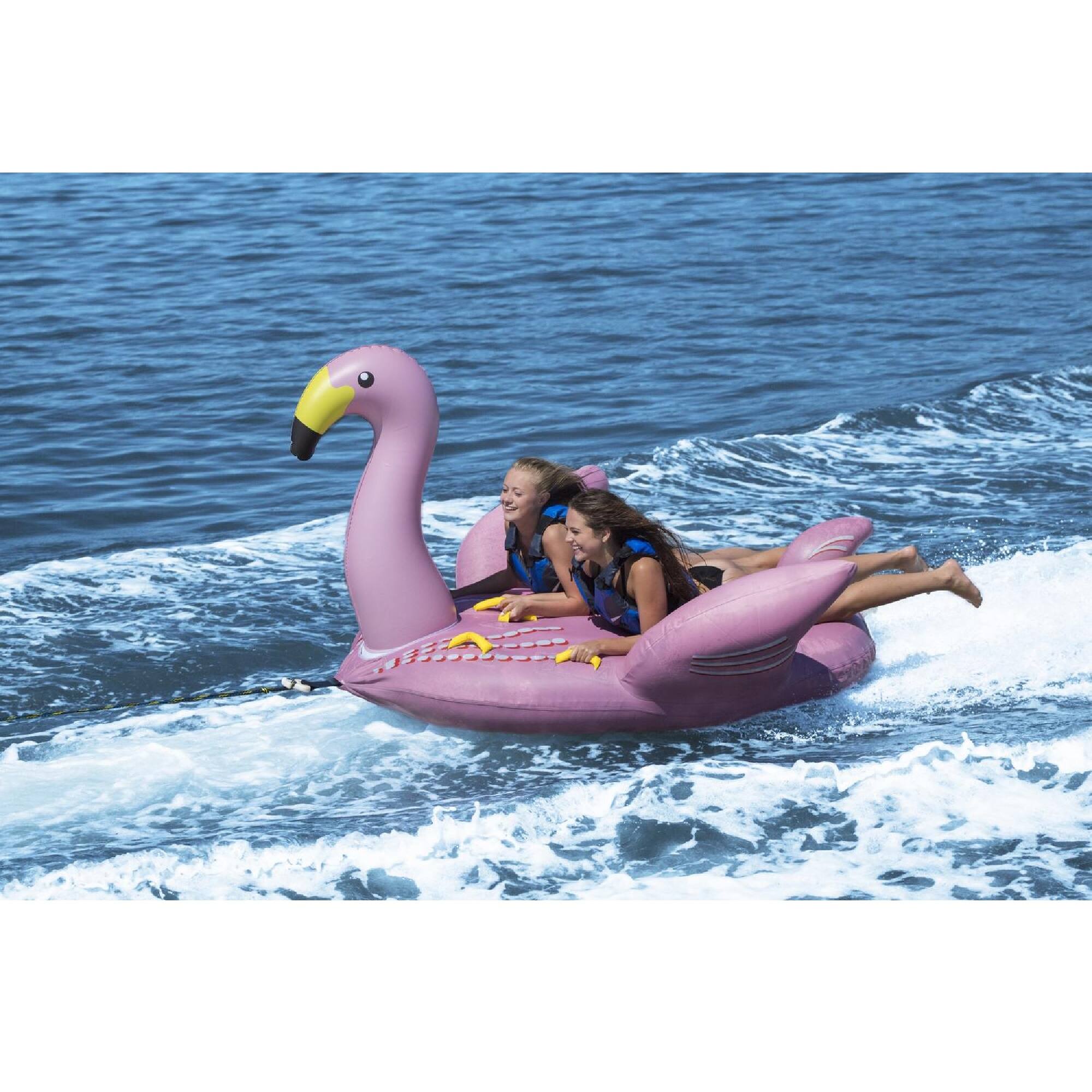 Alt View 2. Swim Central - Inflatable Lay On Towable Flamingo Float - 82" - Pink and Yellow - Pink.