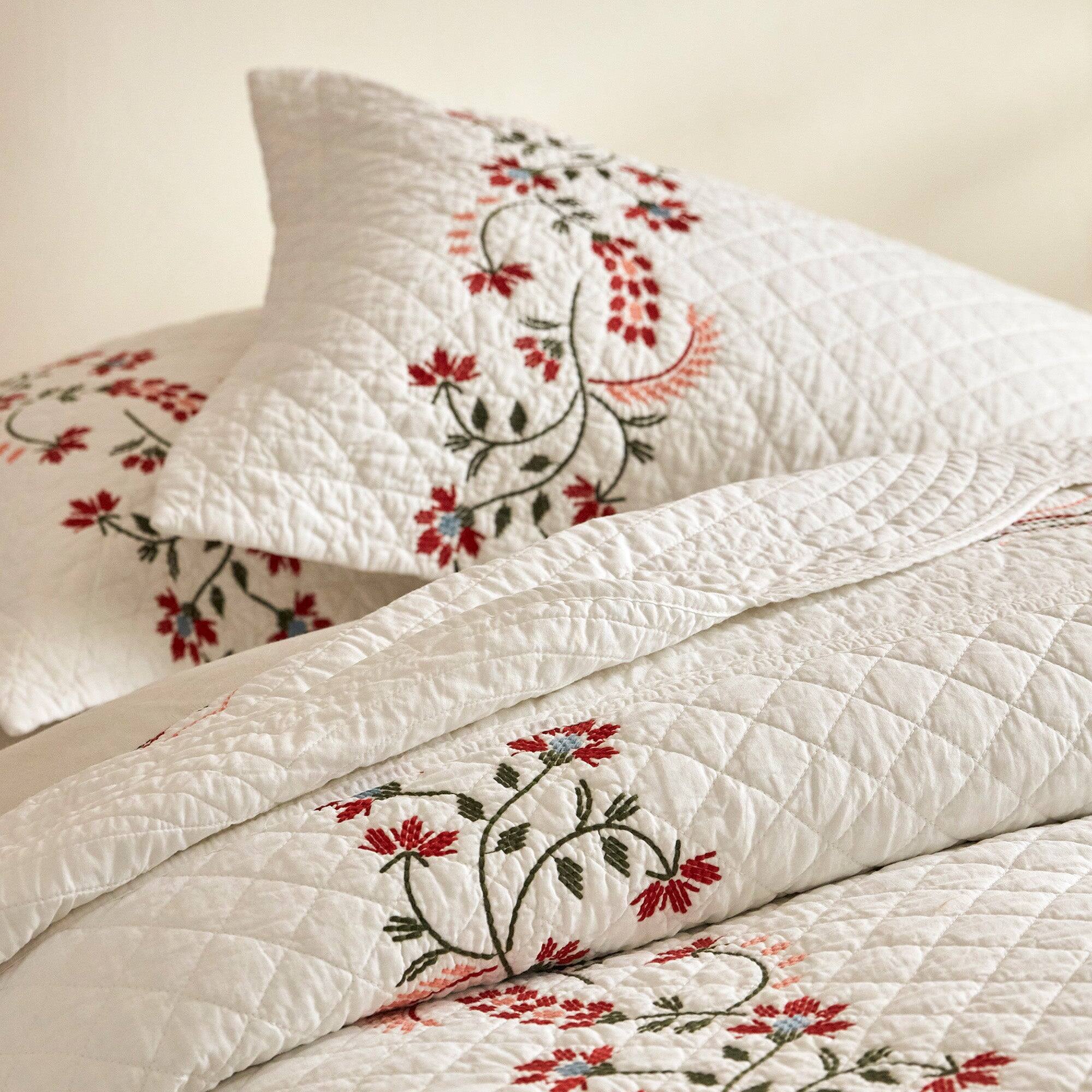 Alt View 1. MarCielo - Marcielo 3 Pieces Cotton European Folk Embroidered Quilt Bedspread Set Modern Farmhouse Style - White.