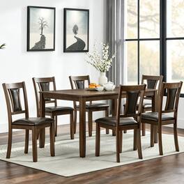 Loheer - 7-Piece Dining Table Set for 6, Rectangular Table with Upholstered Chairs - Walnut