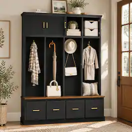 RYHNUYNE - U-Can Farmhouse Hall Tree, 59 in Wide, MDF, White Finish, Gold Hardware, Hooks and Cabinets, Entryway Storage - Antique Black