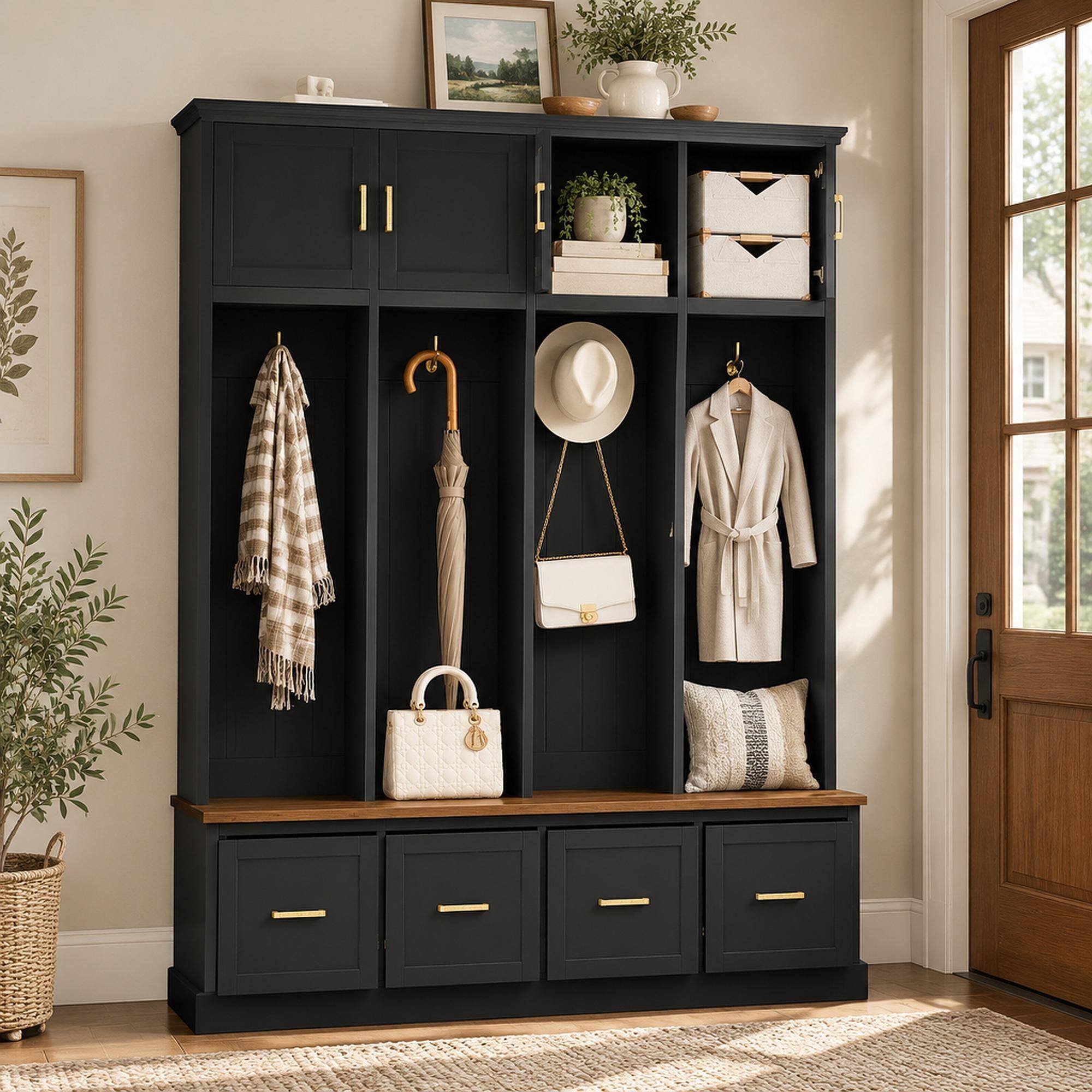 Front. RYHNUYNE - U-Can Farmhouse Hall Tree, 59 in Wide, MDF, White Finish, Gold Hardware, Hooks and Cabinets, Entryway Storage - Antique Black.