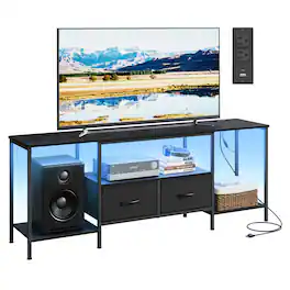 Songmics Home - TV Stand with Power Outlets and Lights, Entertainment Center Media Console for TVs Up to 70 Inches, Living Room, Shelves - Ink Black