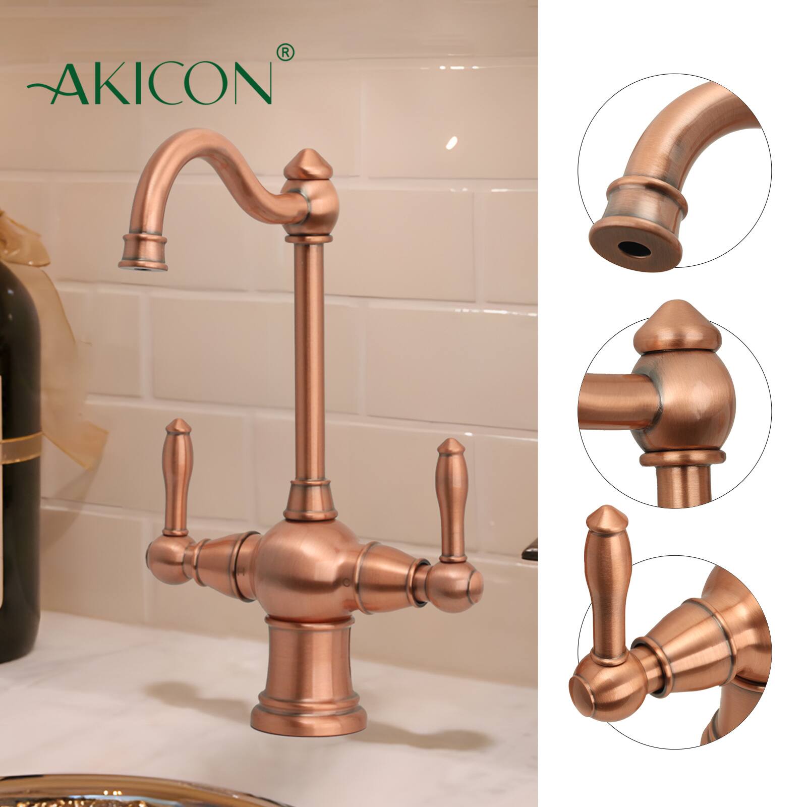 Alt View 2. Akicon - Akicon Solid Brass Two-Handles Widespread Kitchen Drinking Water Filter Faucet, Dual Lever Hot and Cold Water in Copper - Copper.