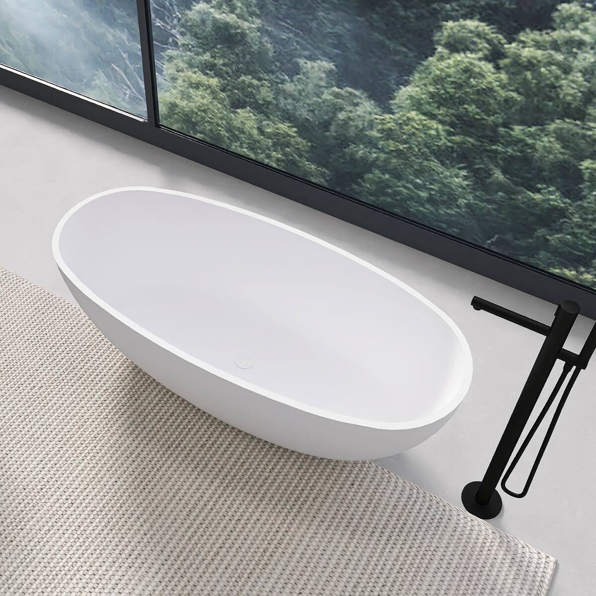 Left. Loheer - Loheer 65.2 in Freestanding Solid Surface Soaking Bathtub Matte White Oval Center Drain - Matte White.