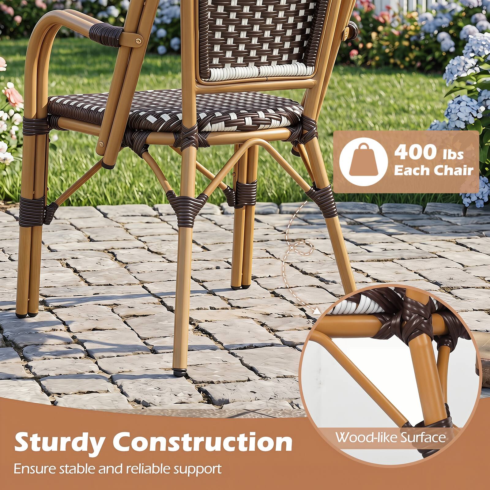 400 lbs Each Chair

Sturdy Construction
Ensure stable and reliable support

Wood-like Surface