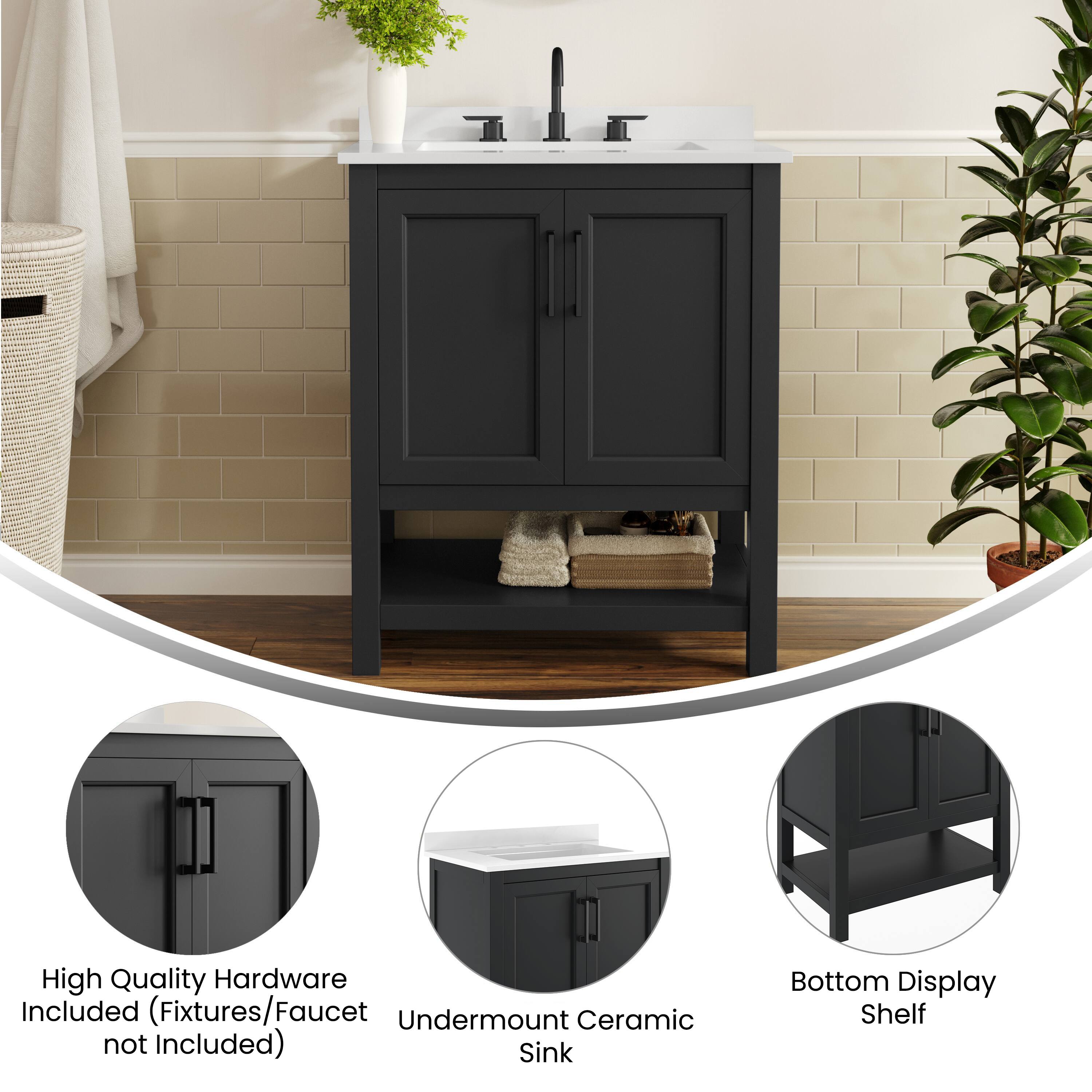 High Quality Hardware Included (Fixtures/Faucet not Included)  
Undermount Ceramic Sink  
Bottom Display Shelf