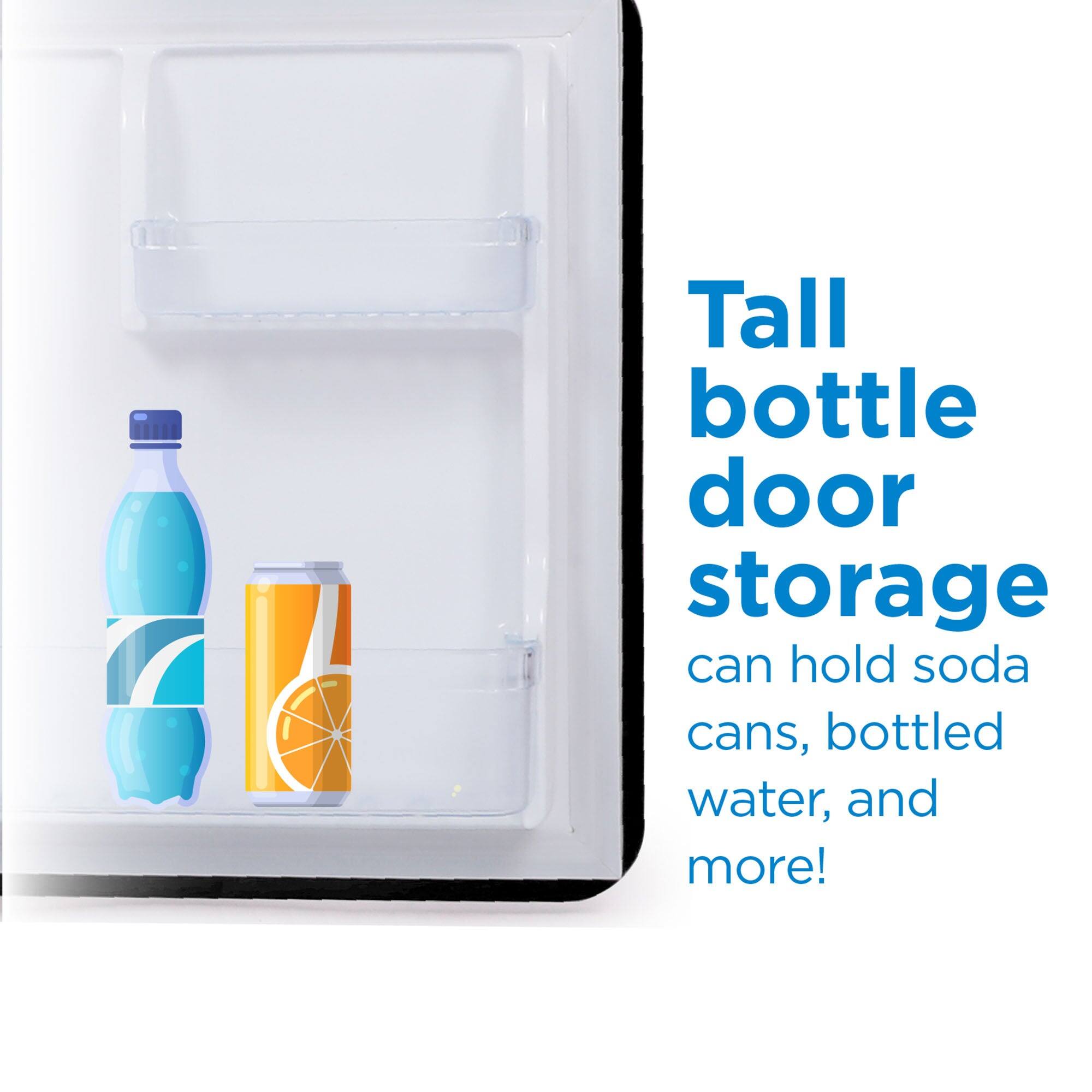 Tall bottle door storage can hold soda cans, bottled water, and more!