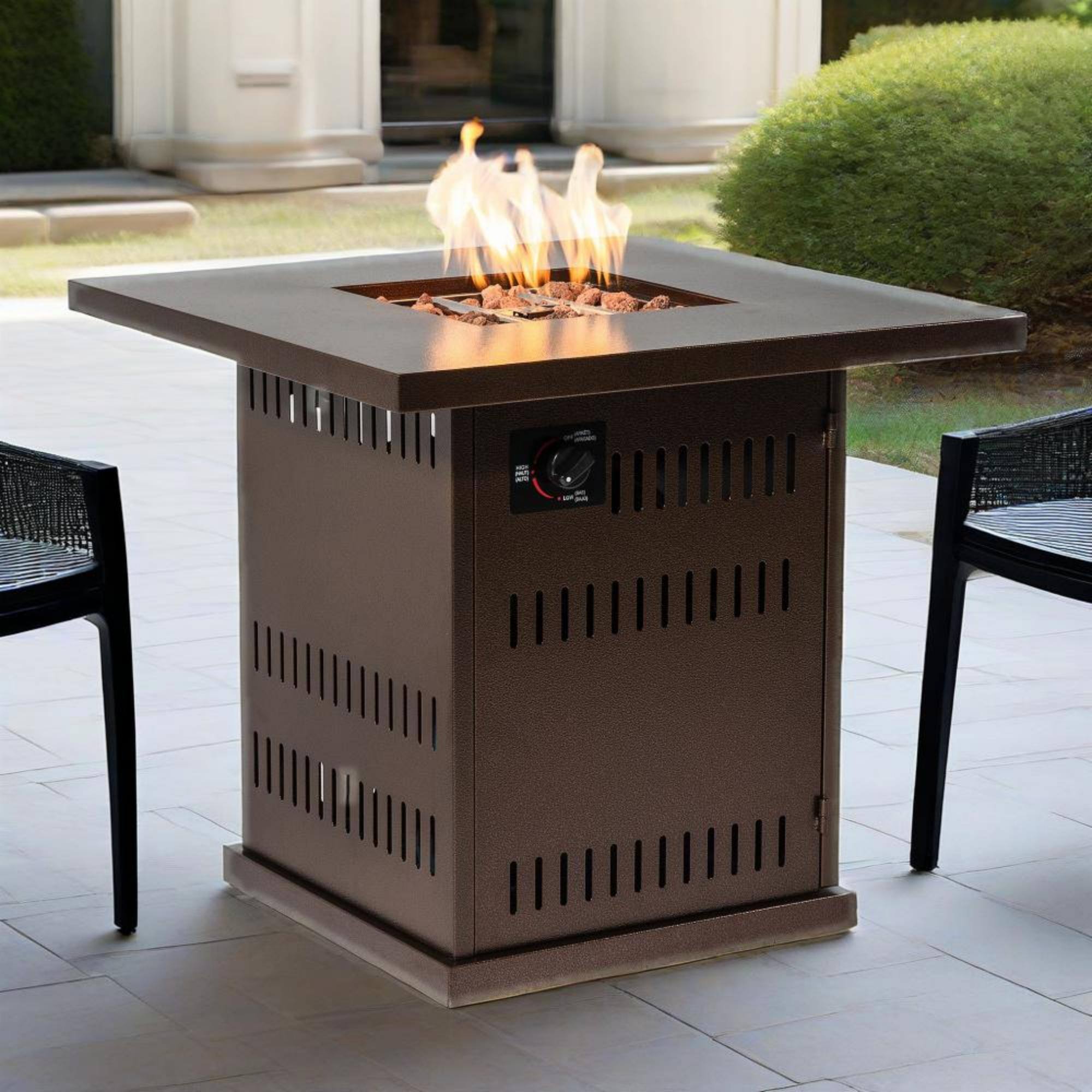 Alt View 6. Glintex - 28-Inch Propane Fire Pit Table with Lid, 50,000 BTU Steel Patio Heater with Lava Rocks and Adjustable Flame - Brown.