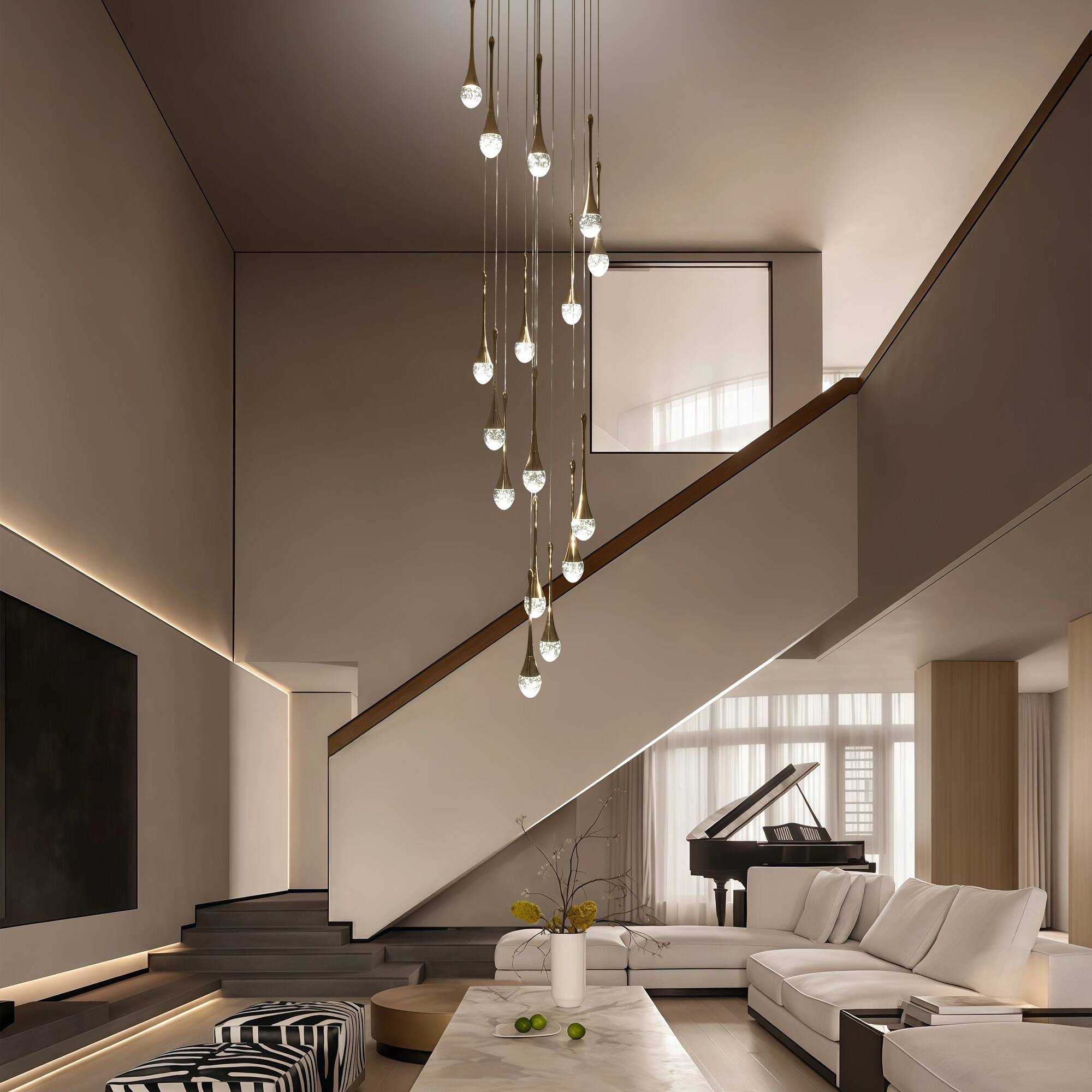 Left. RYHNUYNE - 16-Light Gold Large Modern Chandelier, Crystal Staircase Chandelier with Remote, Dimmable LED Raindrop Lighting Chandeli - Gold.