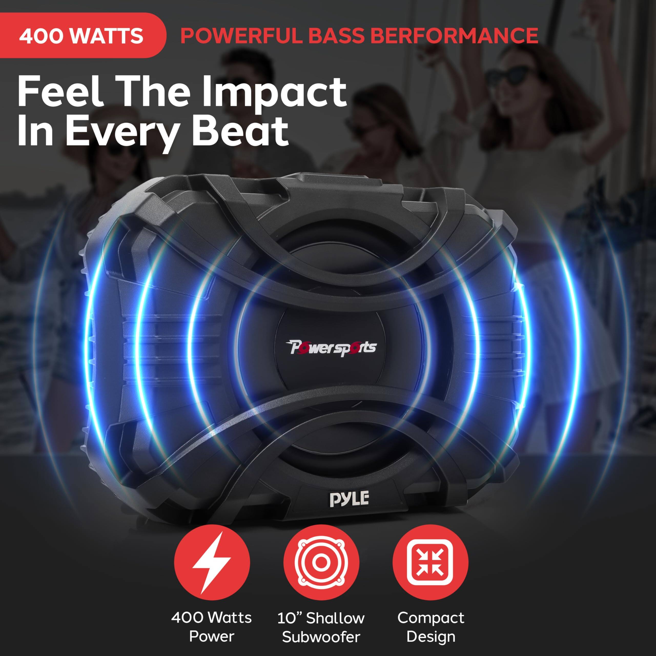 400 WATTS  
POWERFUL BASS PERFORMANCE  
Feel The Impact In Every Beat  

400 Watts Power  
10" Shallow Subwoofer  
Compact Design