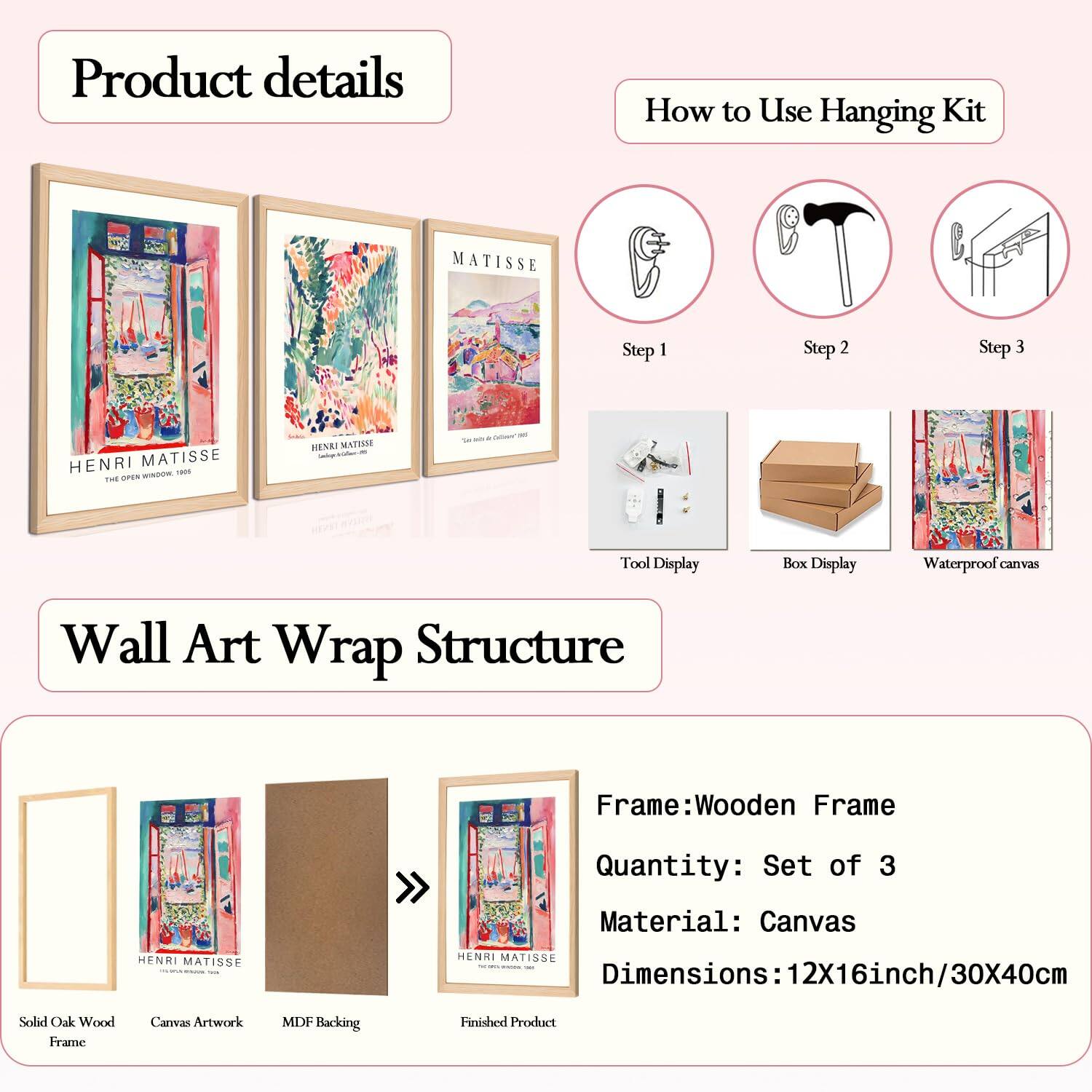 **Product details**

**How to Use Hanging Kit**

- Step 1: Tool Display
- Step 2: Box Display
- Step 3: Waterproof canvas

**Wall Art Wrap Structure**

- Solid Oak Wood Frame
- Canvas Artwork
- MDF Backing
- Finished Product

**Frame:** Wooden Frame  
**Quantity:** Set of 3  
**Material:** Canvas  
**Dimensions:** 12X16inch/30X40cm