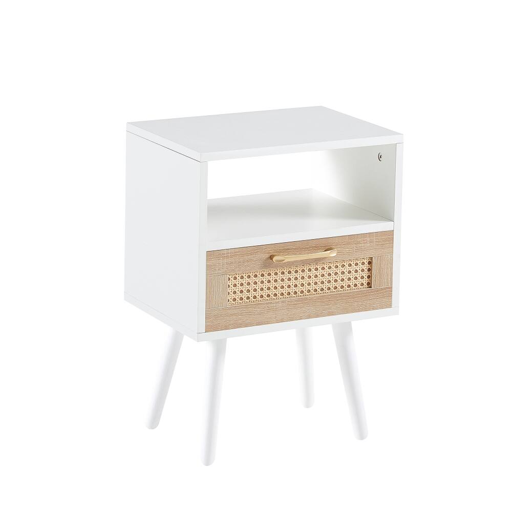 Alt View 3. Loheer - Loheer White Rattan End Table with Drawer Modern Nightstand Solid Wood Legs Bedroom Side Table - White.