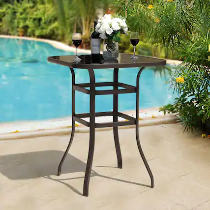 Front. Nuu Garden - 32" Square Outdoor Bar Table, Tempered Glass Tabletop, Powder-coated Iron Frame - Brown with Gold Speckles.